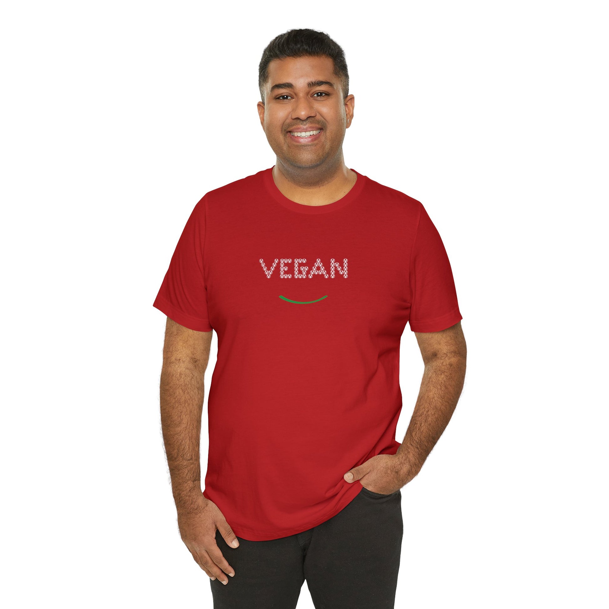 vegan v symbol smile, circled v  tee red