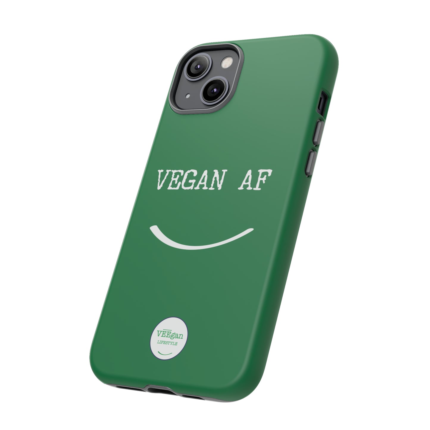 front view "Vegan AF" Tough green Phone Case with smile white background