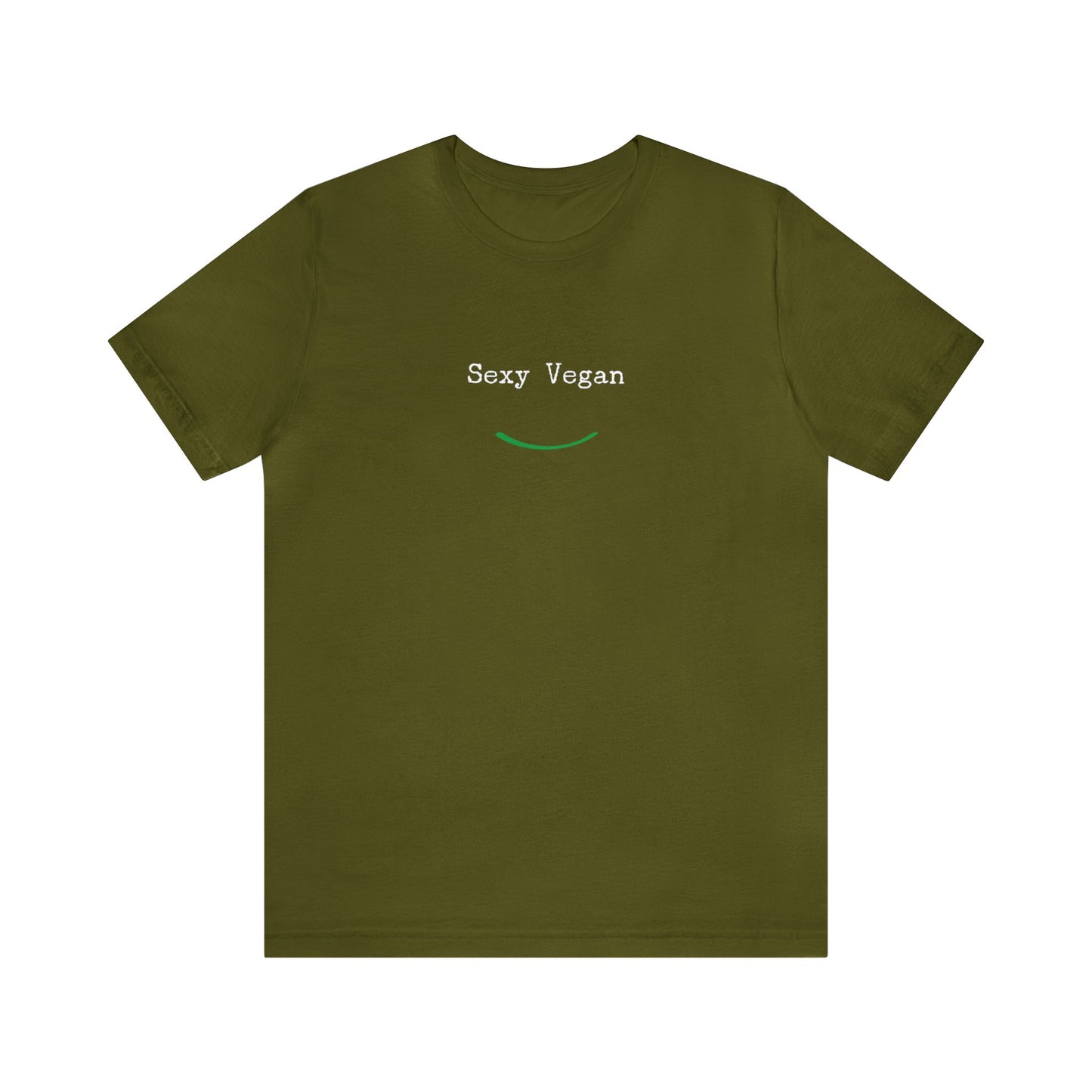 front "Sexy Vegan" green t-shirt with smile on white