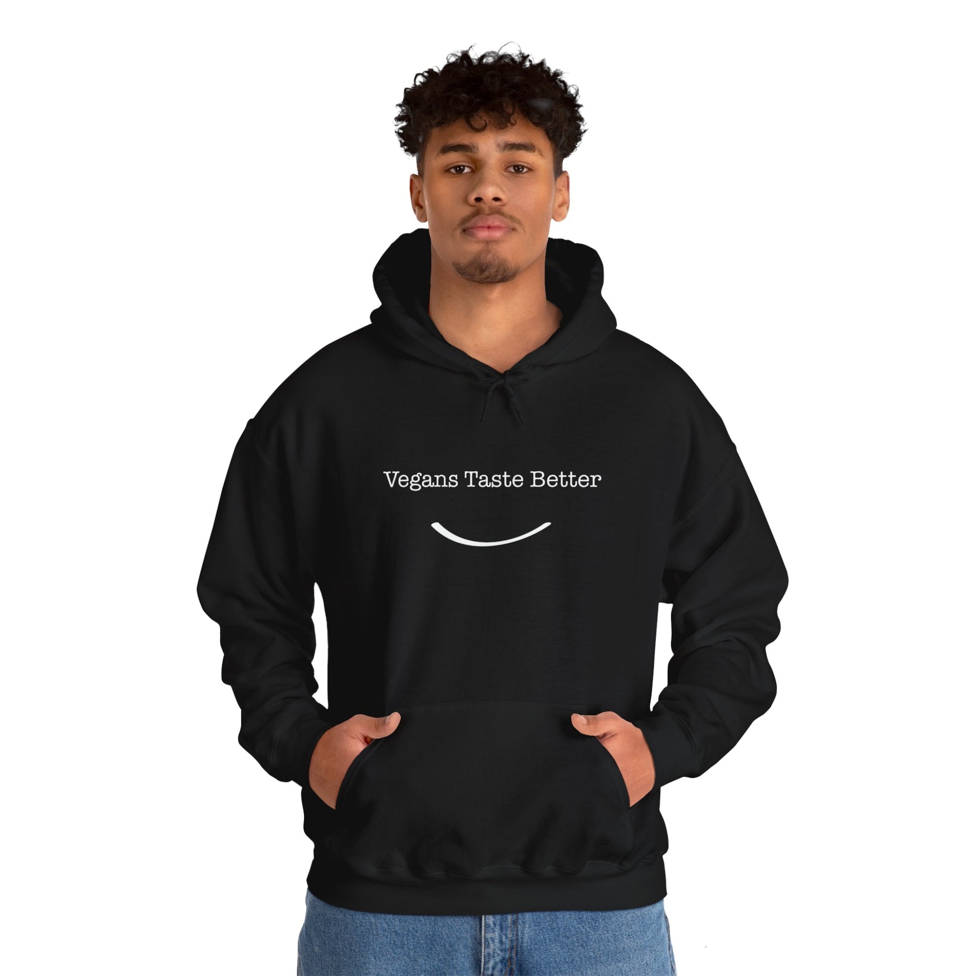 front view "Vegans Taste Better" black hoodie on white male