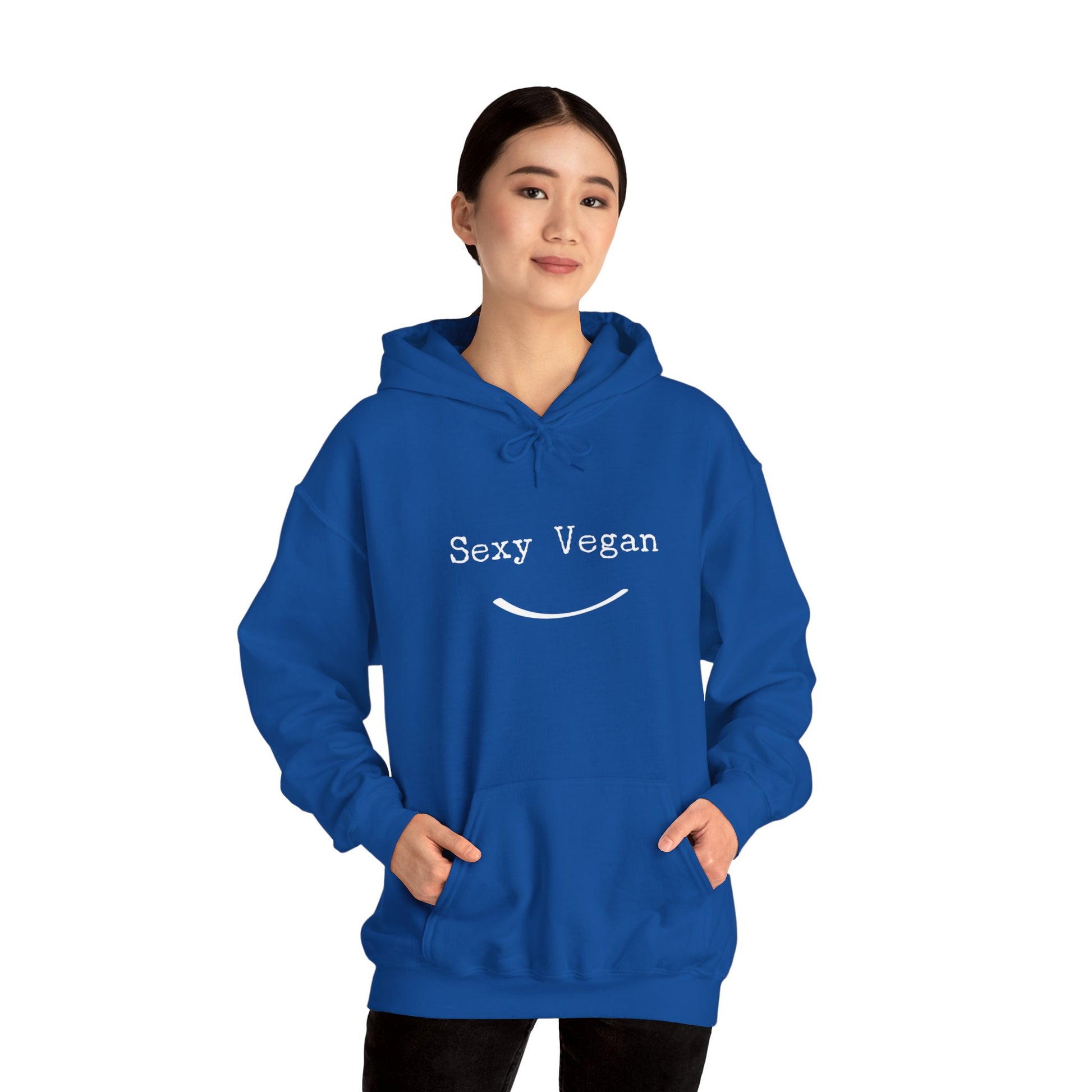 front "Sexy Vegan" blue hoodie with smile on white female