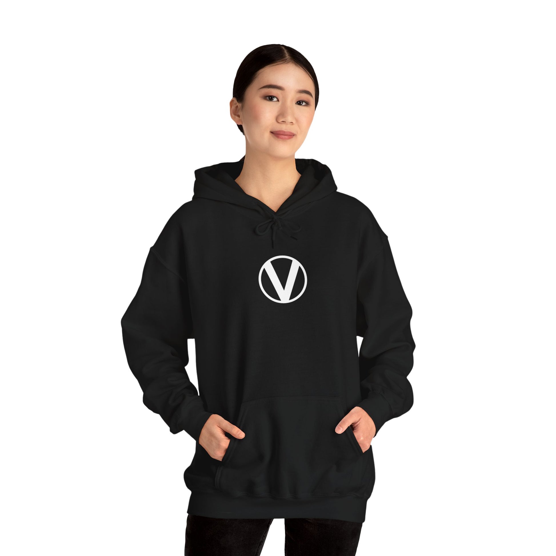 front Circled V hoodie on white female, vegan v symbol