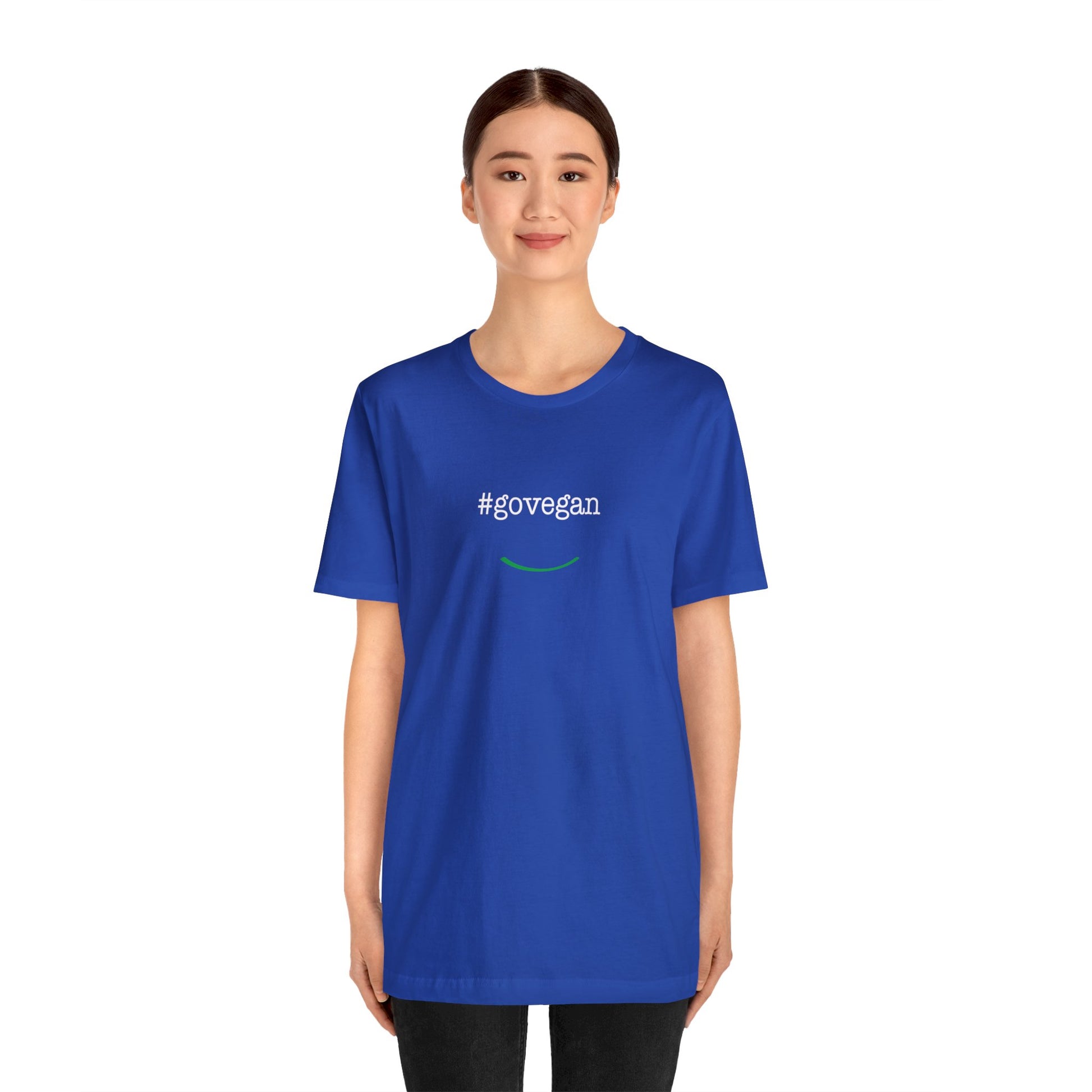 front view #govegan blue unisex t-shirt on white background female