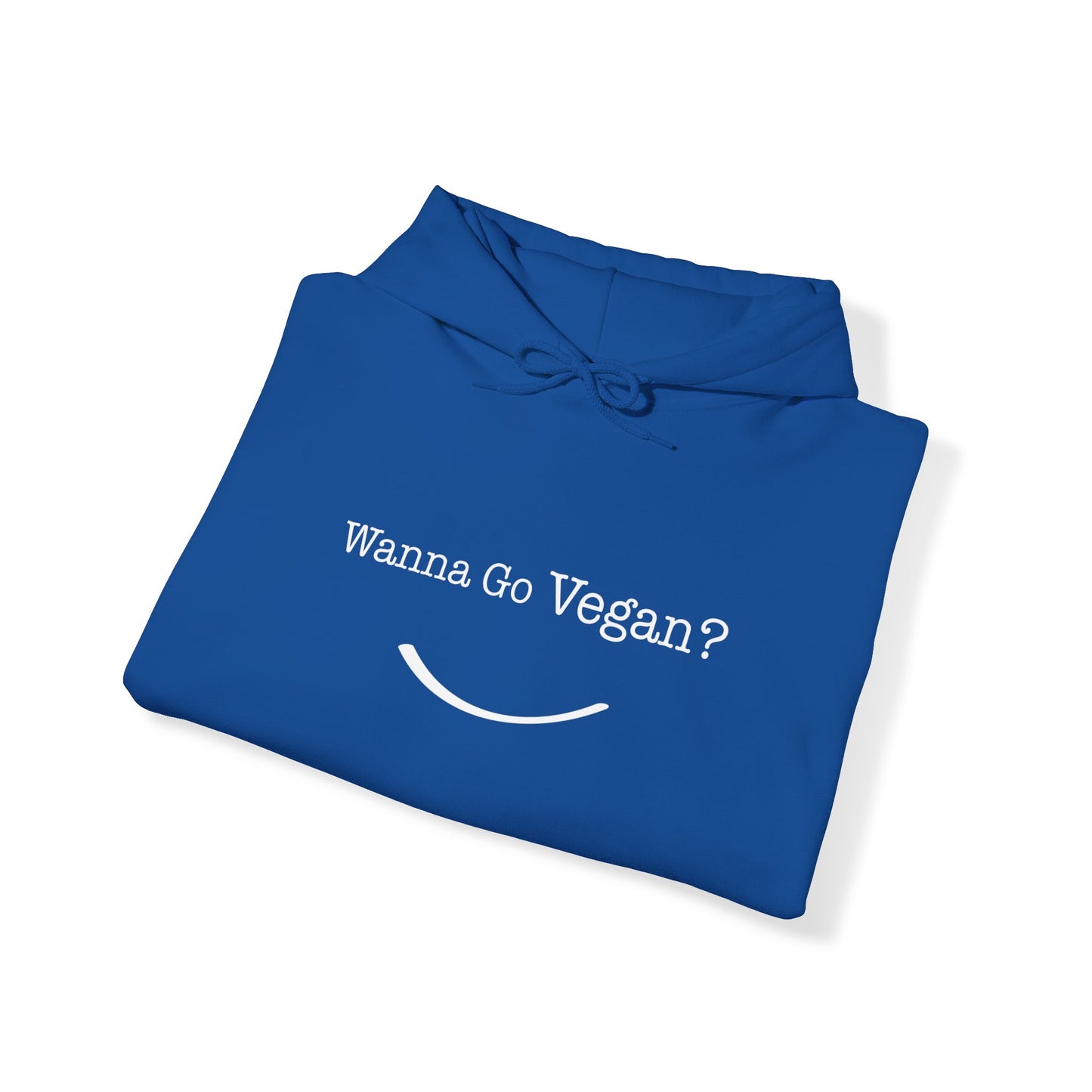 front view "Wanna Go Vegan?" blue hoodie on white background folded