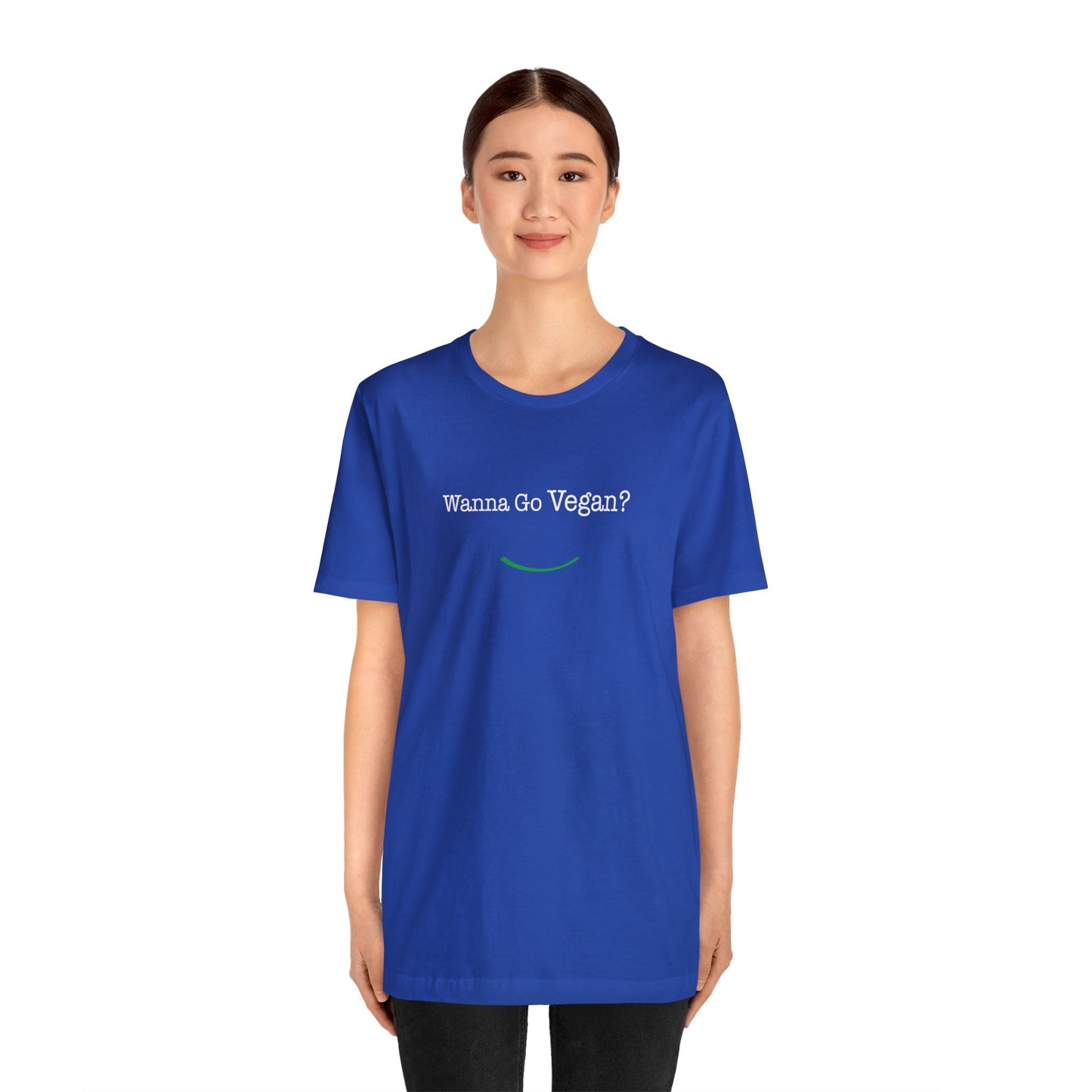 back view "Wanna Go Vegan?" blue unisex t-shirt on white background female