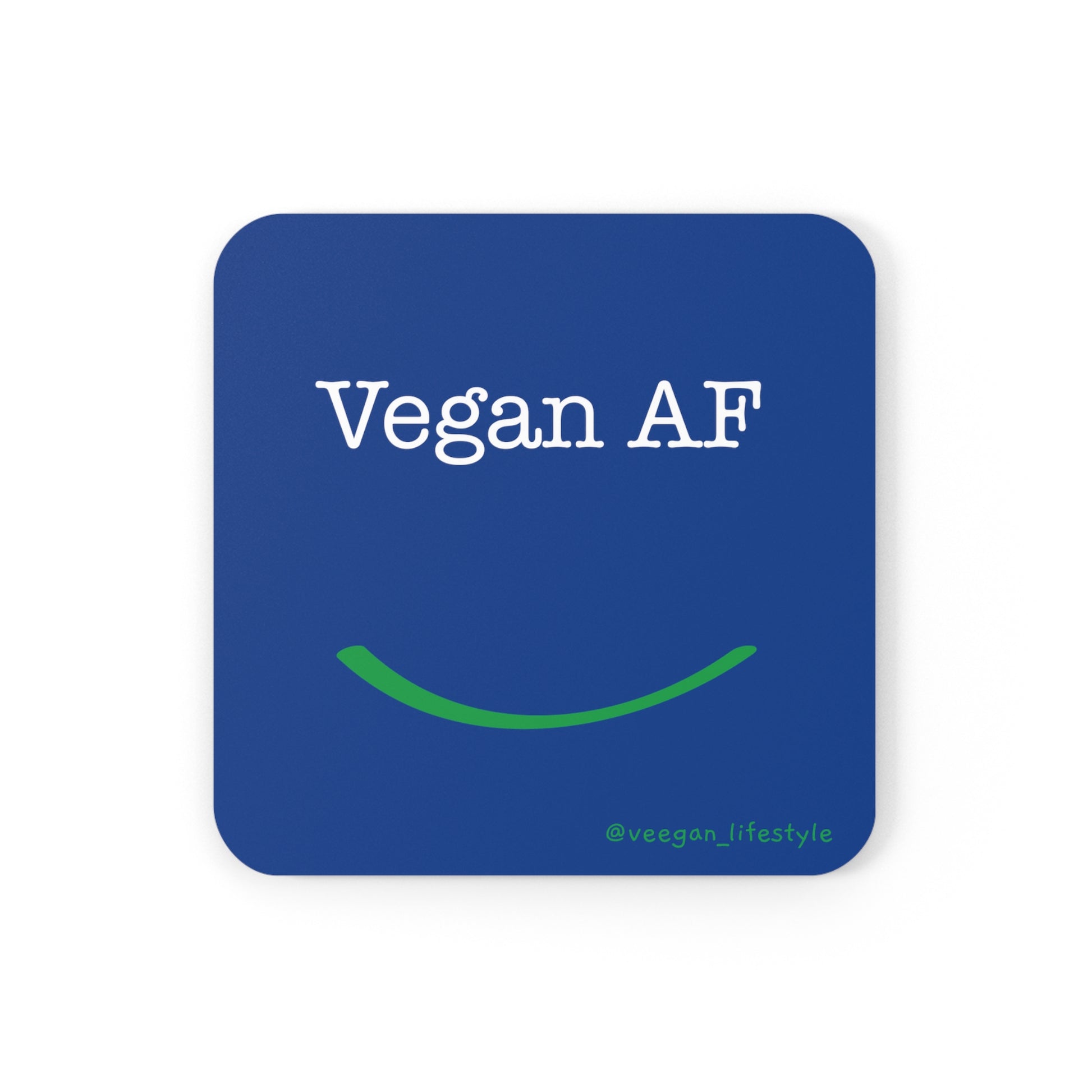 front view "Vegan AF" square blue coaster with smile white background