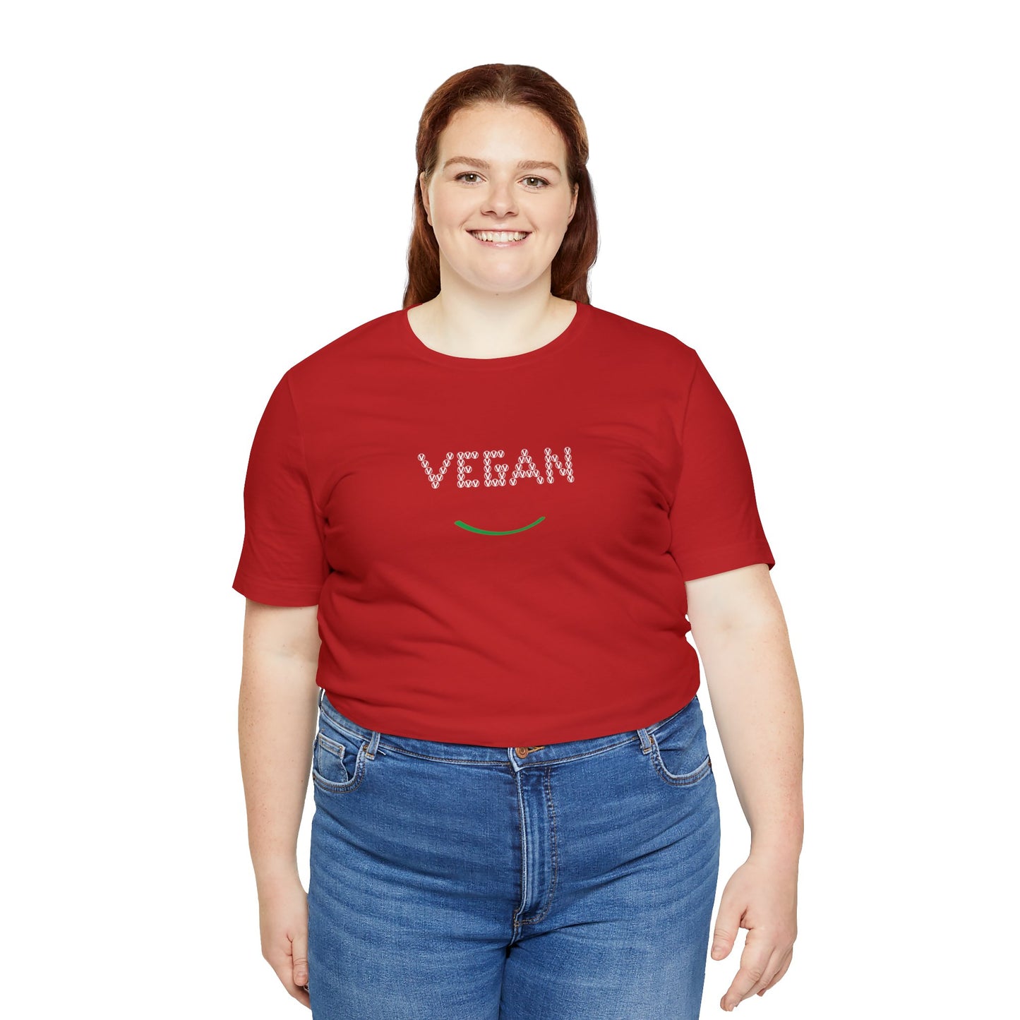 vegan v symbol smile, circled v  tee red