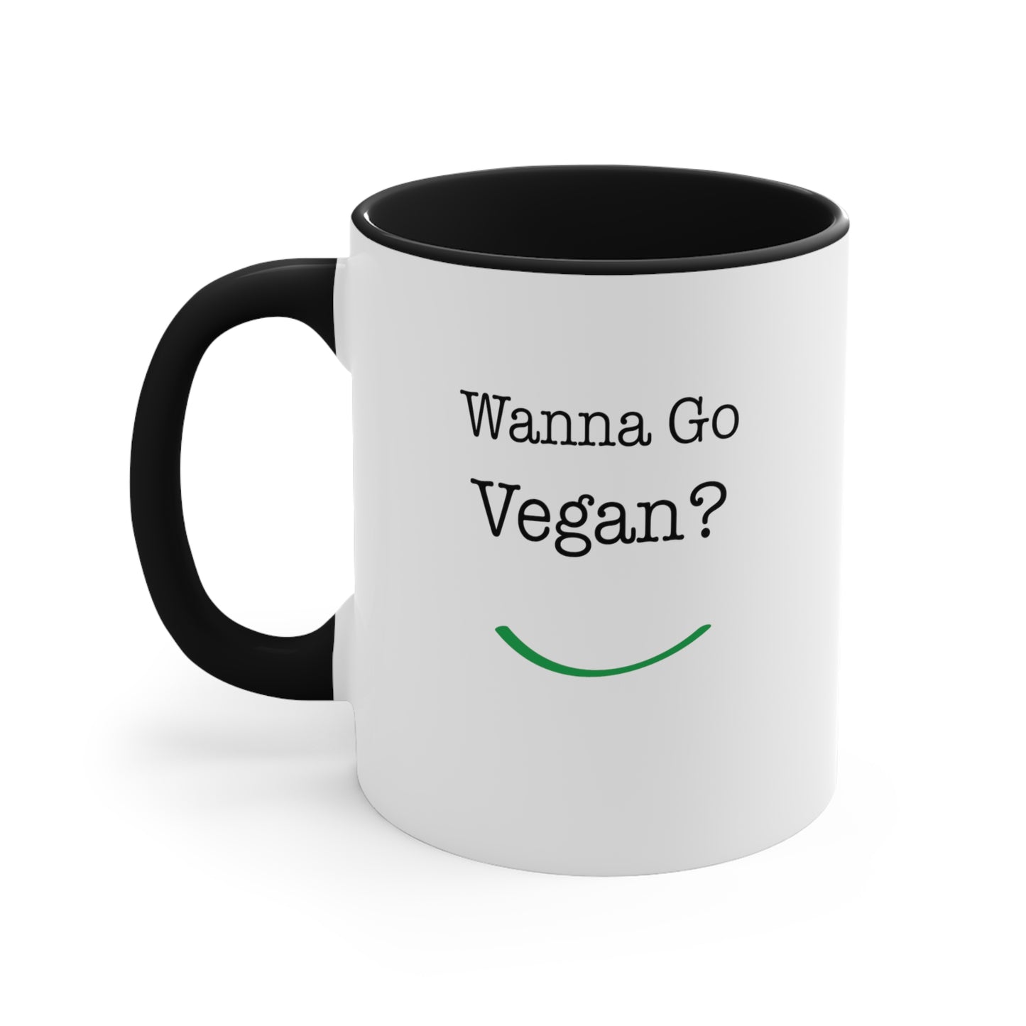 front view "Wanna Go Vegan?" black accent mug on white background