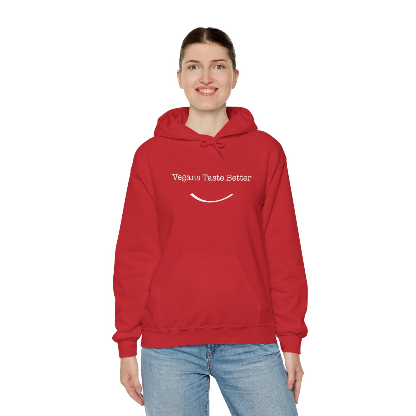 front view "Vegans Taste Better" red hoodie on white female