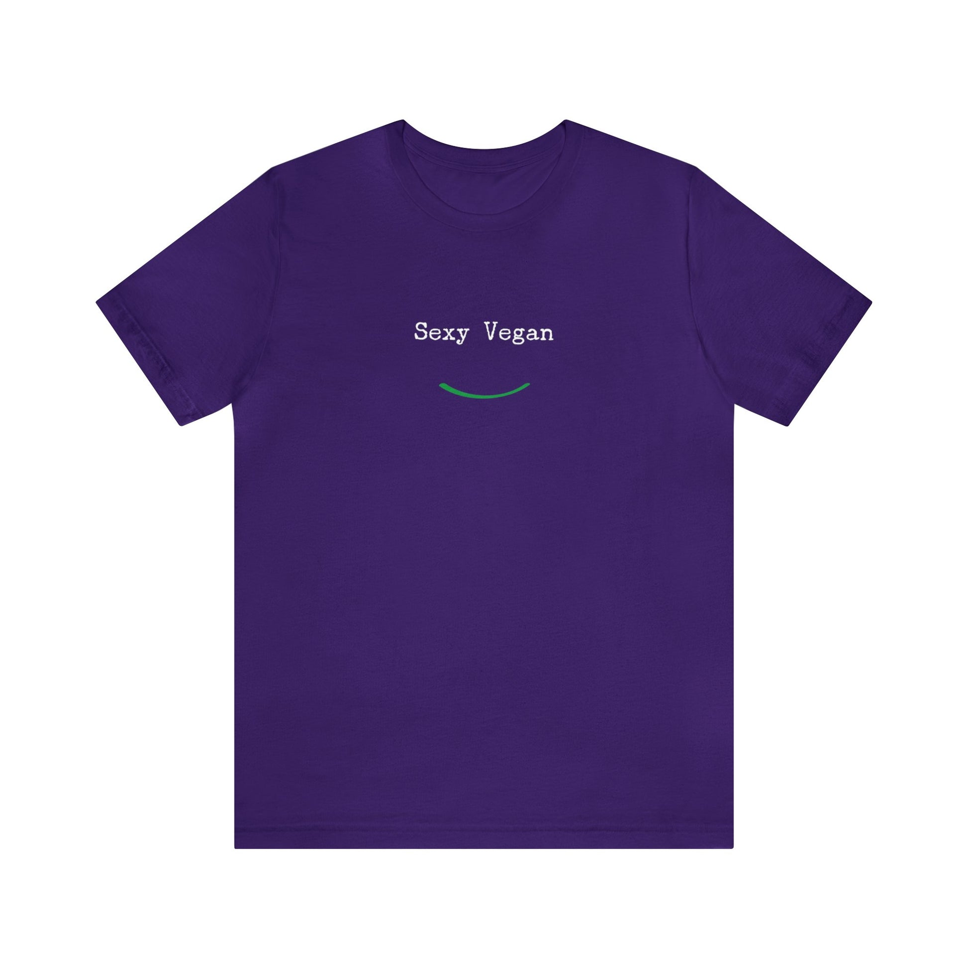 front "Sexy Vegan" purple t-shirt with smile on white 