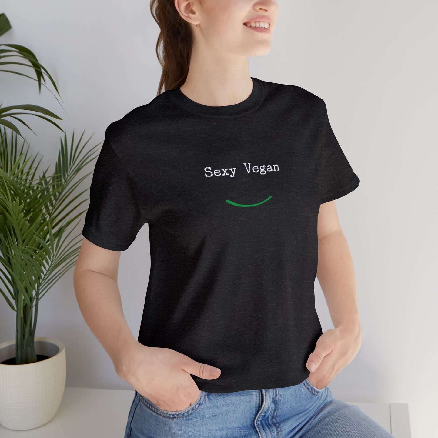 front "Sexy Vegan" black t-shirt with smile on white 