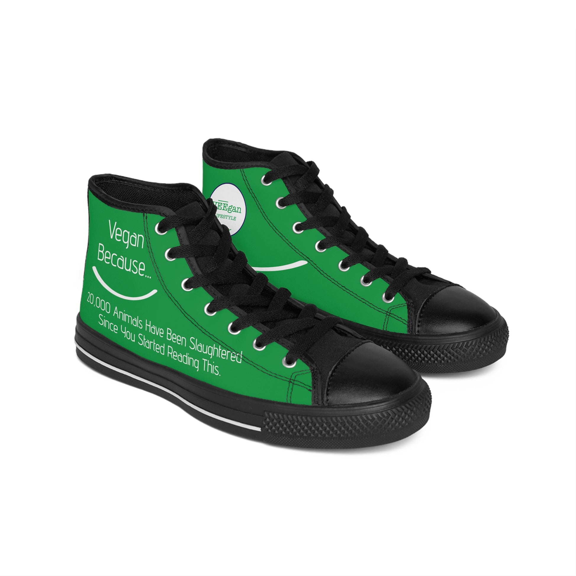 front view "Vegan Because.." green high top sneakers on white background