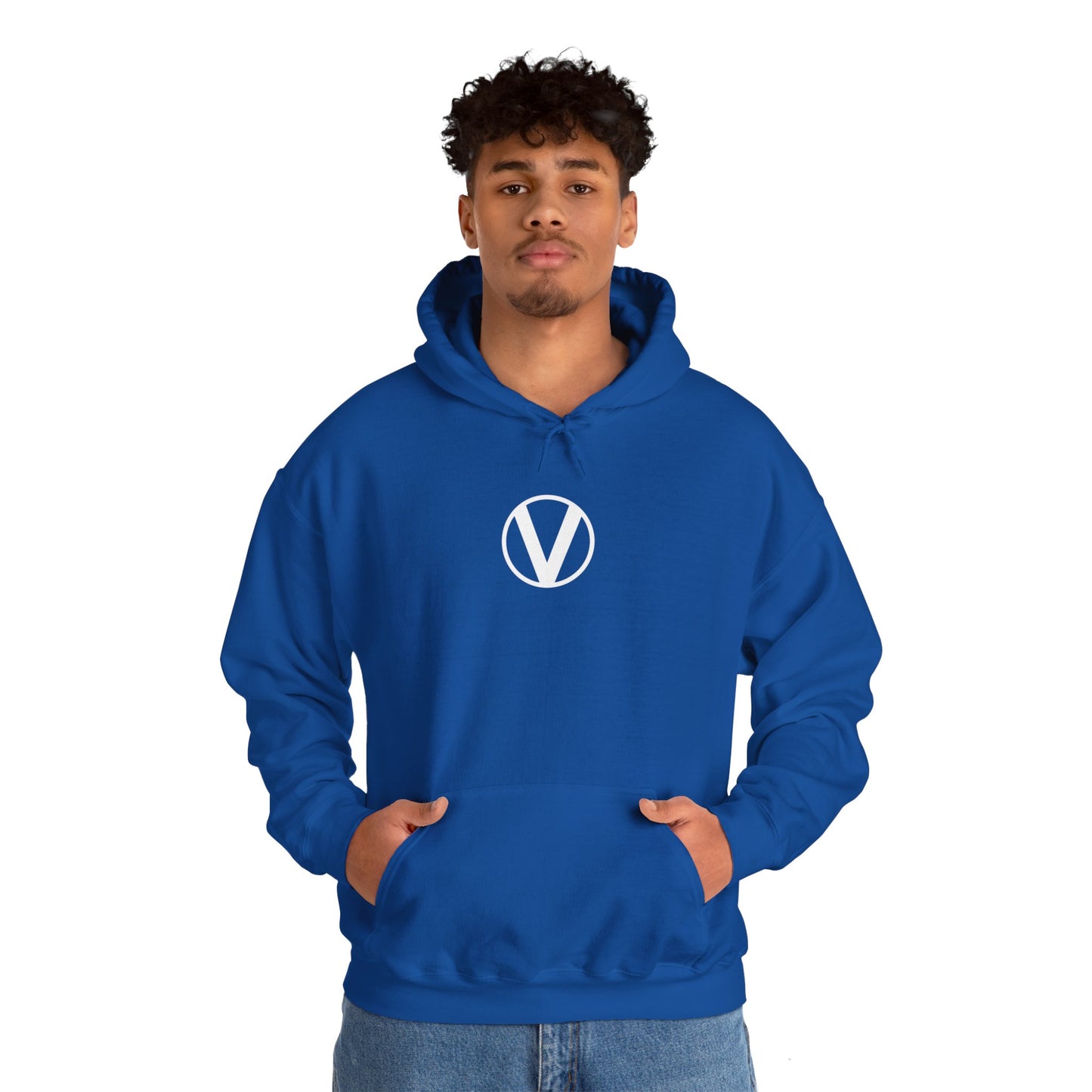 front Circled V hoodie blue on white male, vegan v symbol