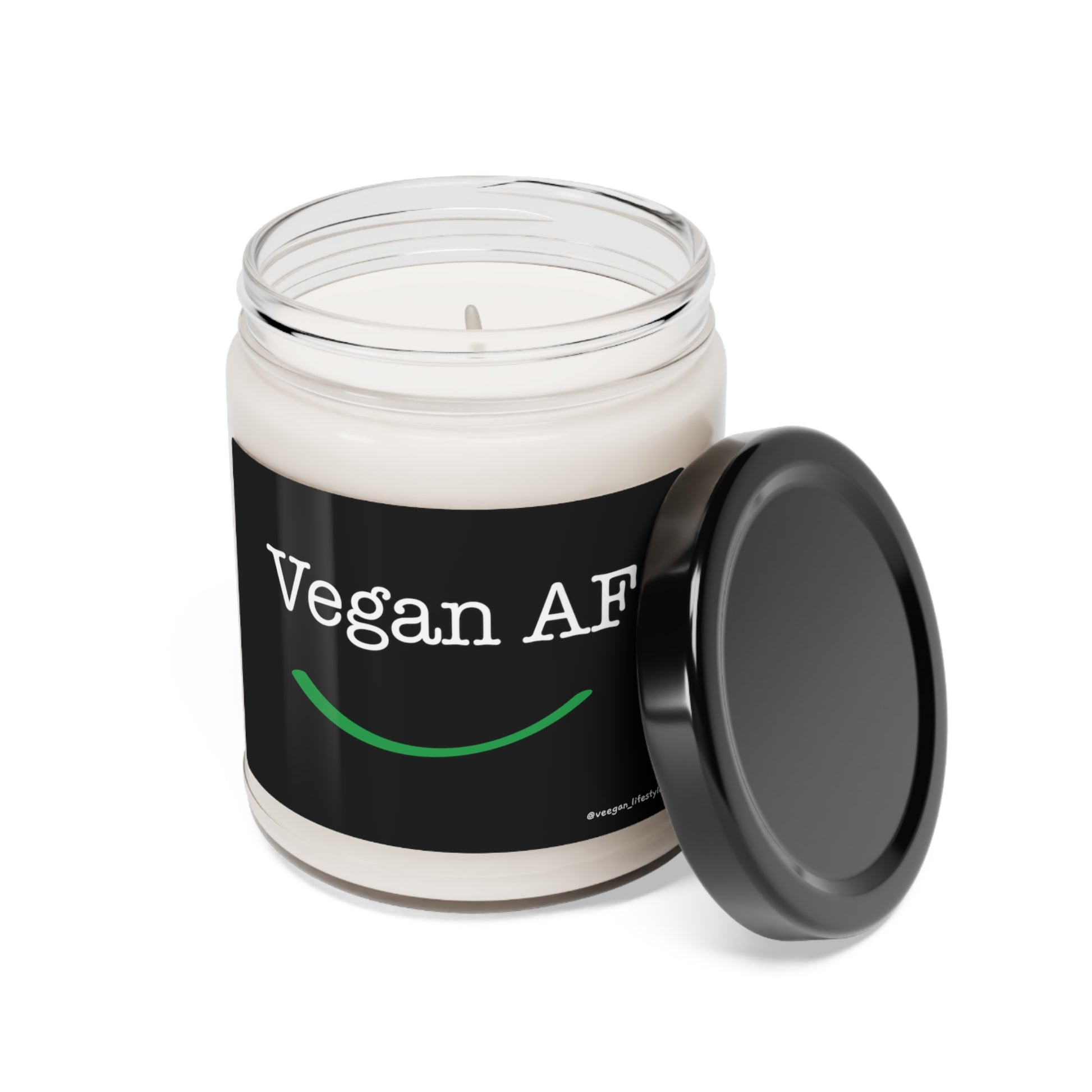 front view "Vegan AF" scented candle with smile white background