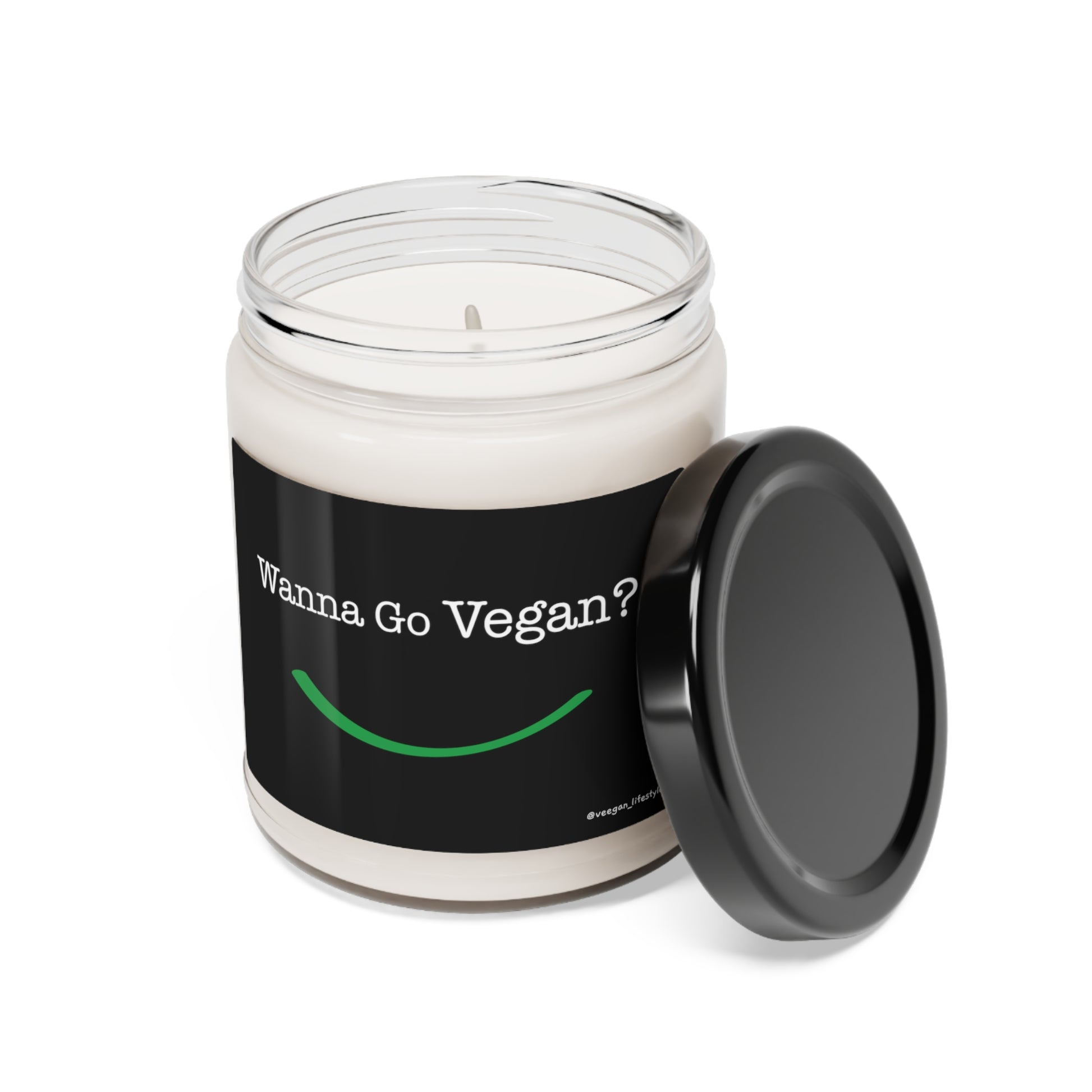 front view "Wanna Go Vegan?" scented candle on white background