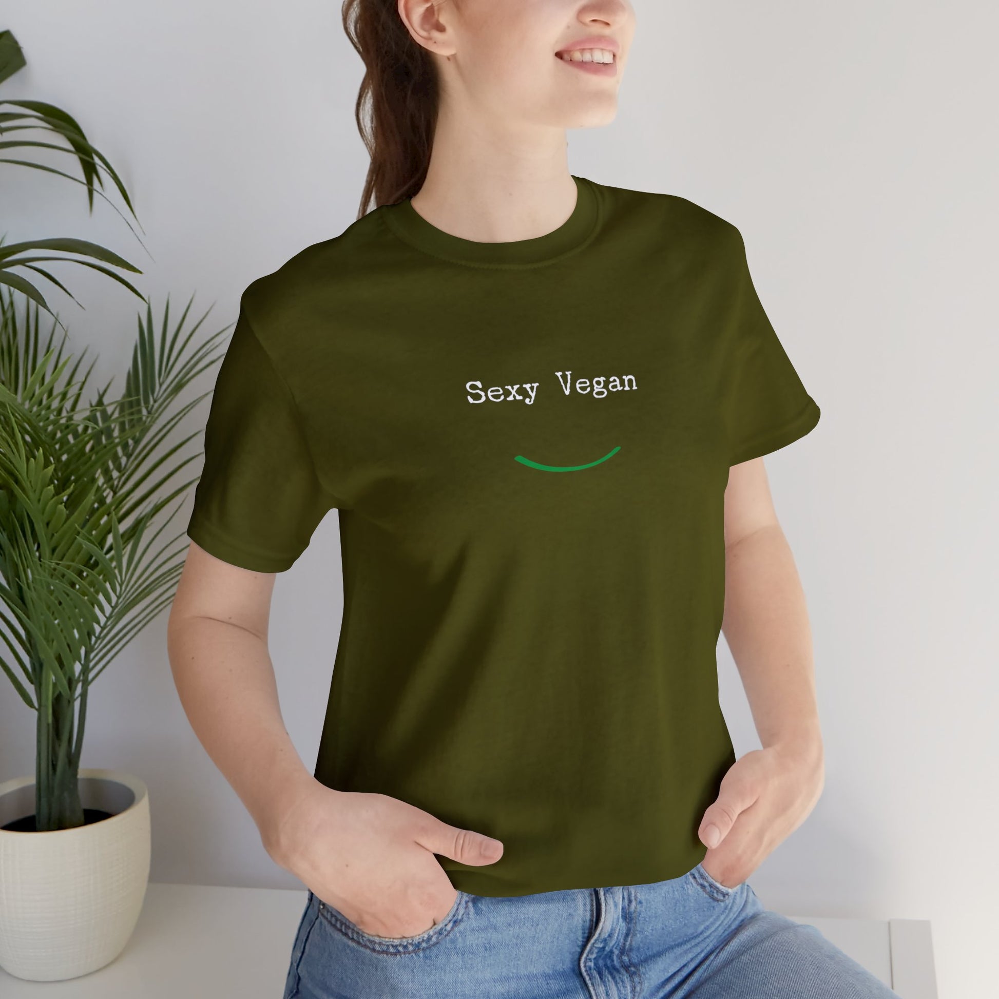 front "Sexy Vegan" green t-shirt with smile on white