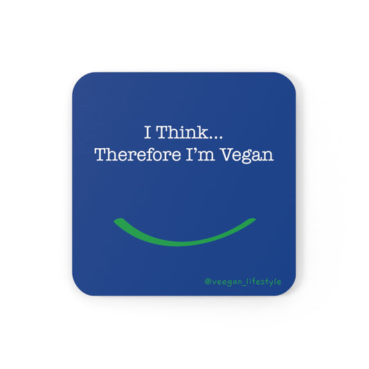 "i Think Therefore I'm Vegan" coasters blue on white