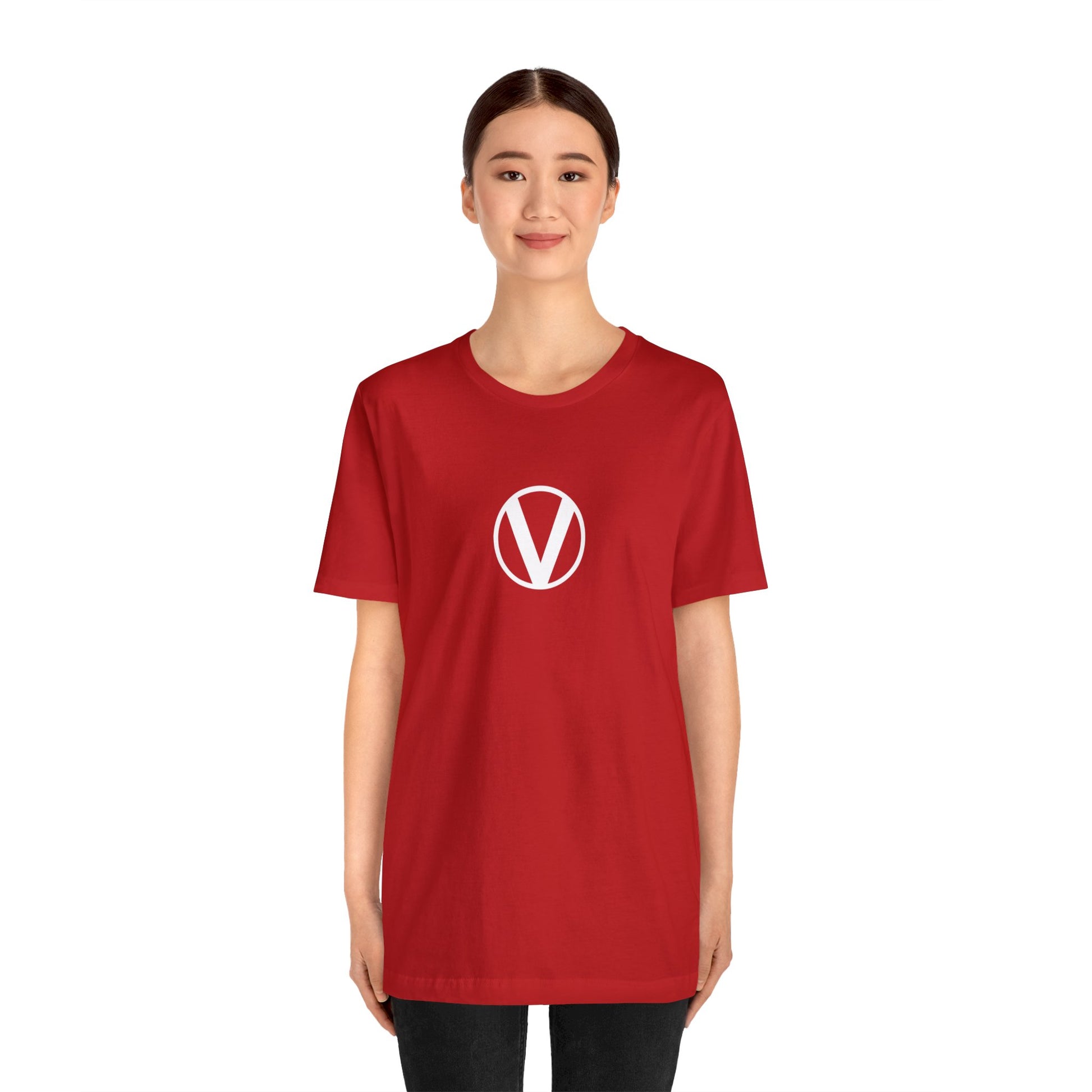 circled v vegan v symbol t-shirt on female red