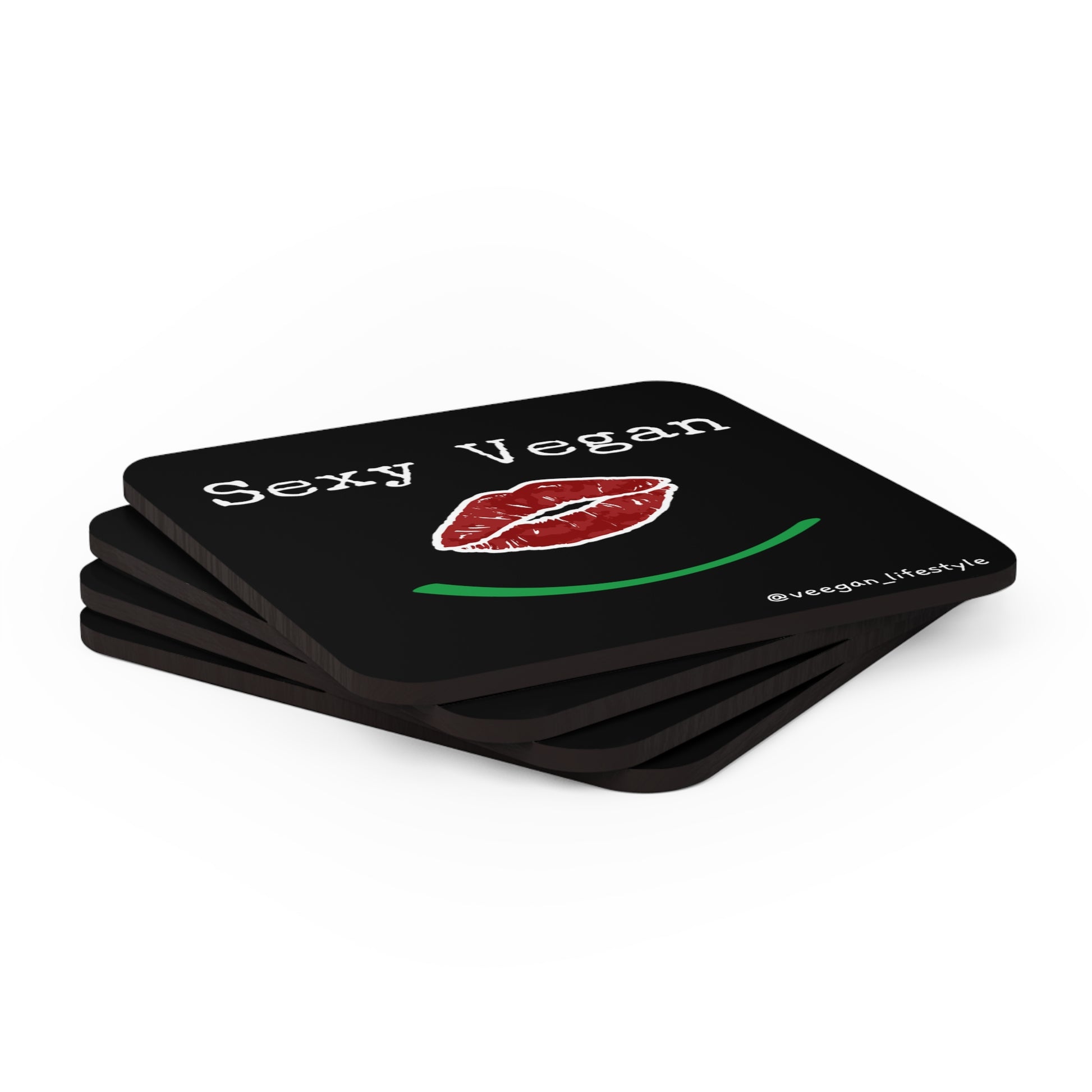 front "Sexy Vegan" square coaster set on white