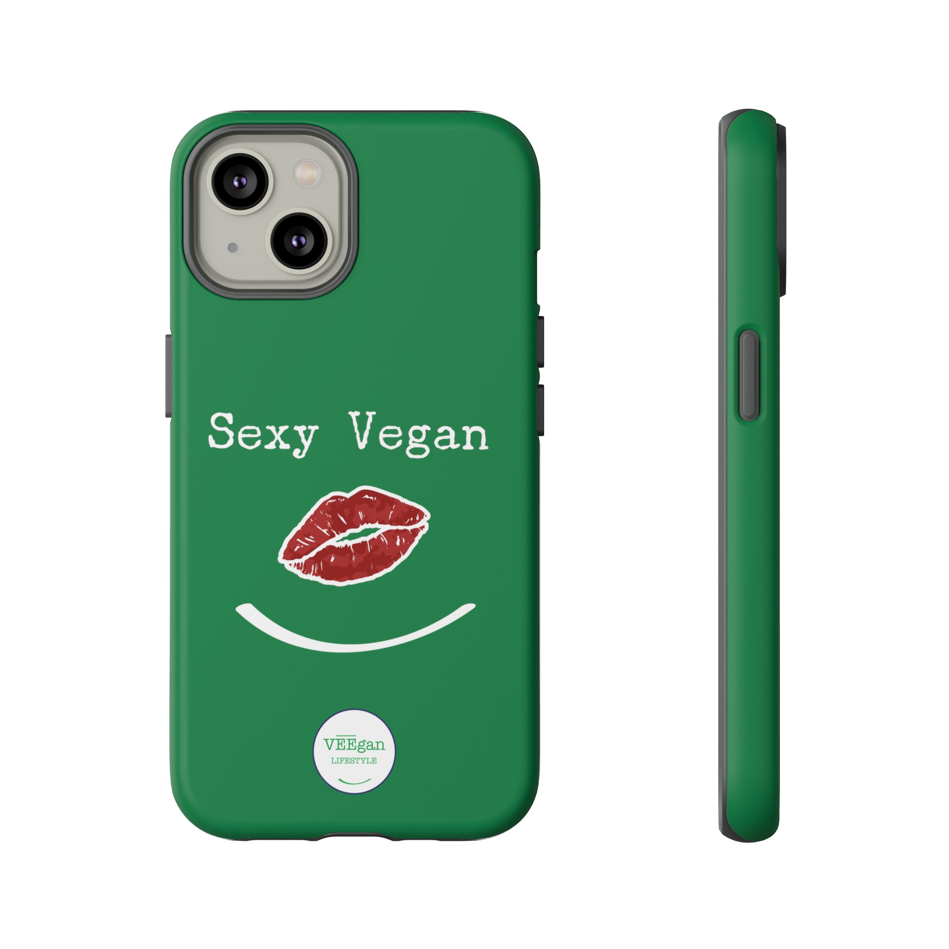 "Sexy Vegan" Tough Phone Case Green with lips and smile on white