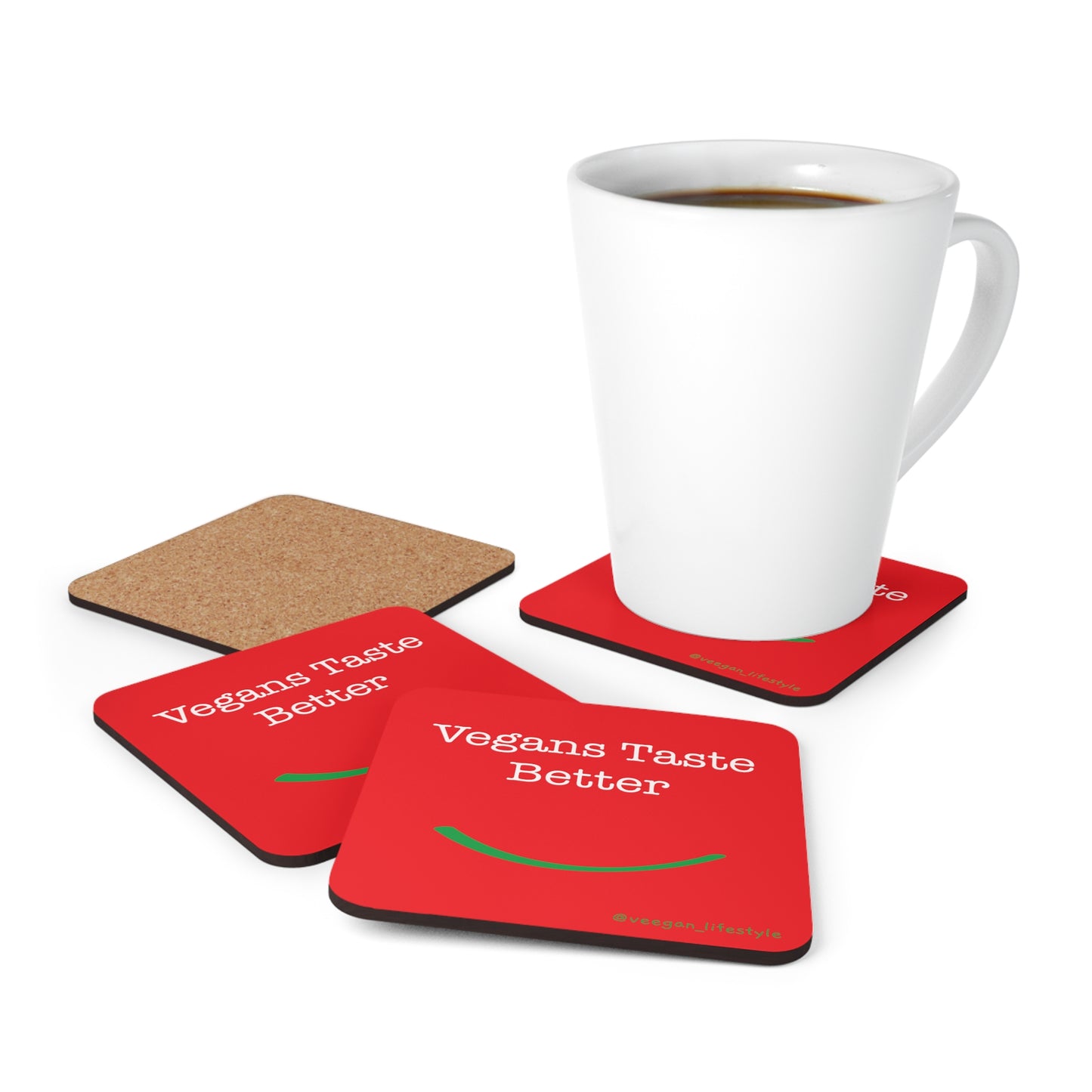 front view "Vegans Taste Better" square red coaster set on white background