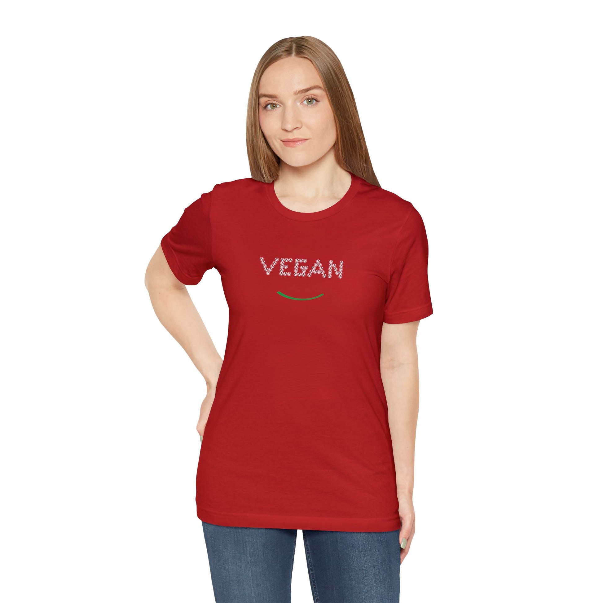 vegan v symbol smile, circled v  tee red