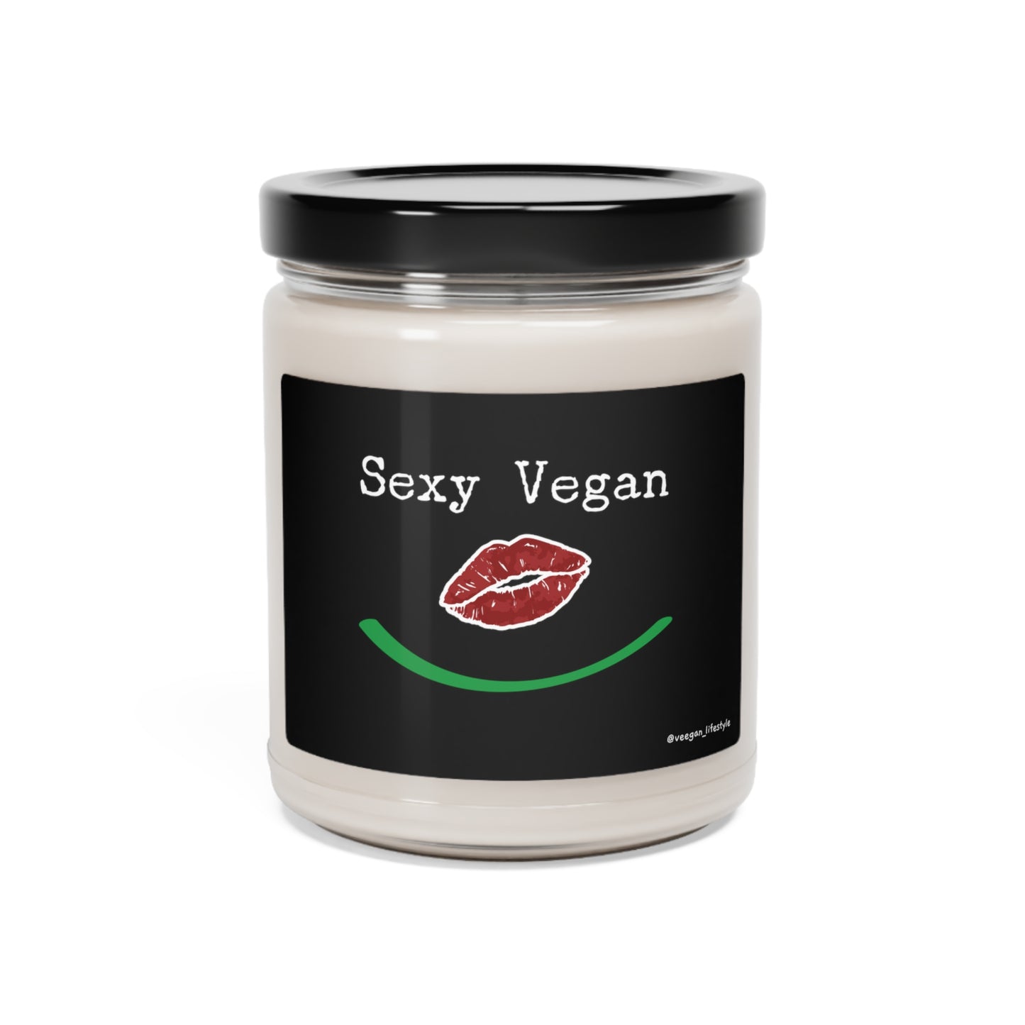 front "Sexy Vegan" scented candle with lips smile 