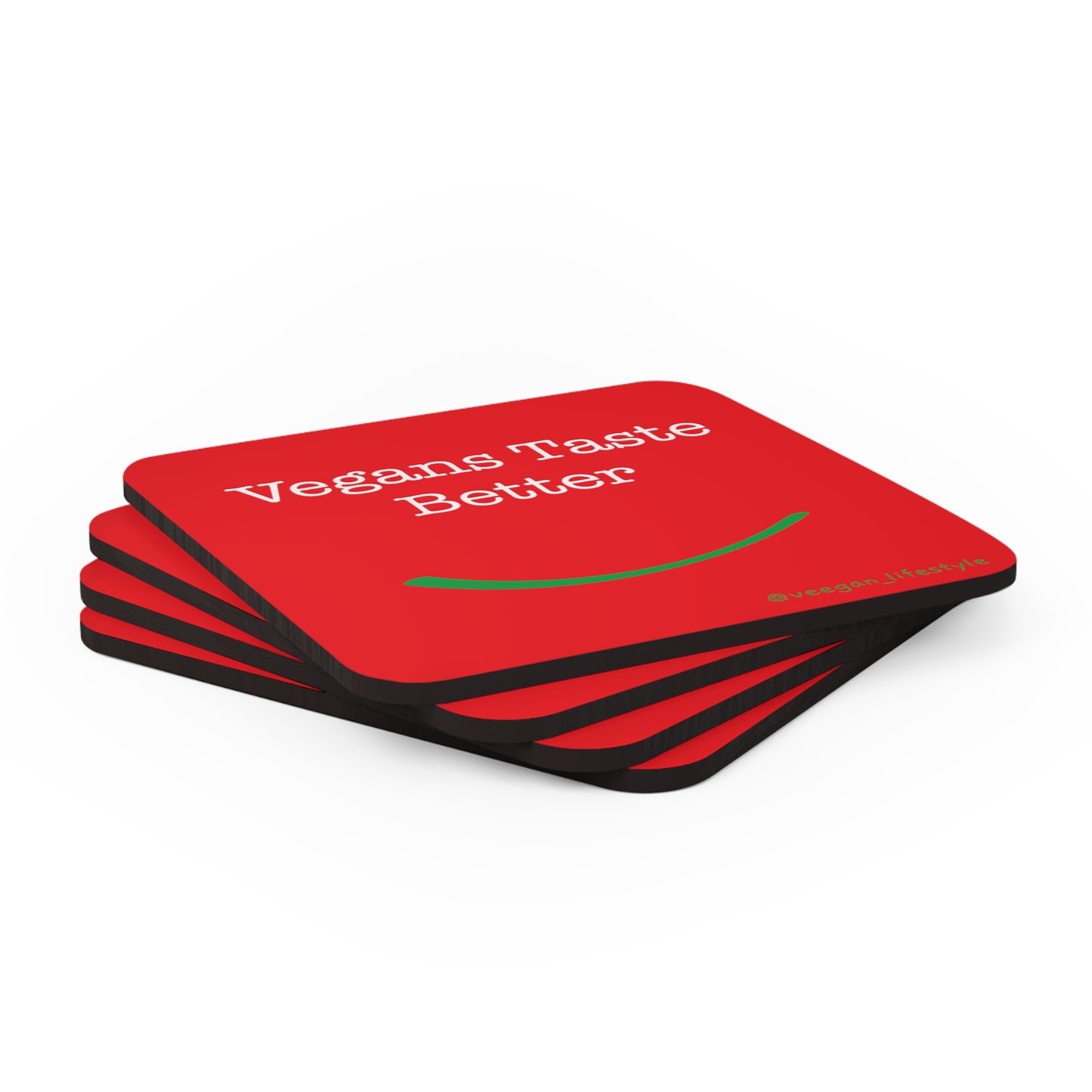 front view "Vegans Taste Better" square red coaster set on white background