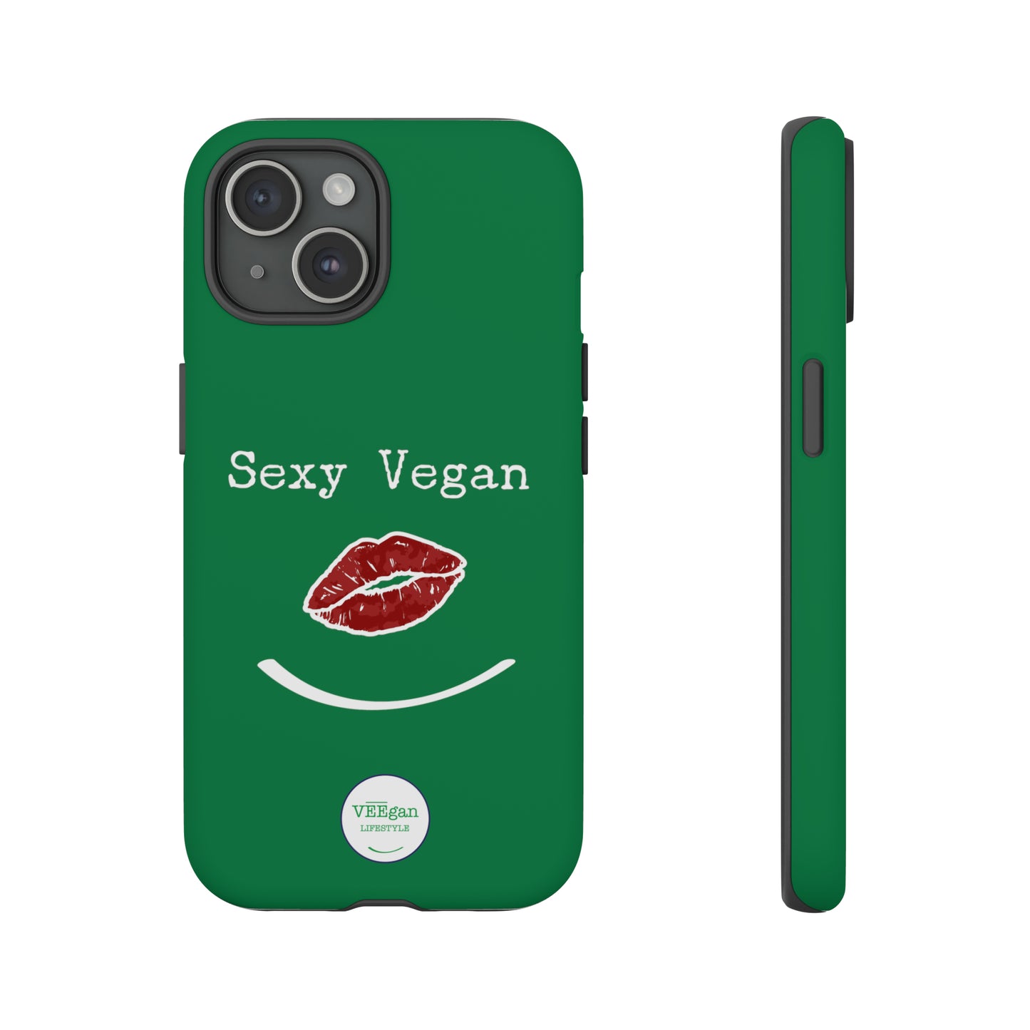 "Sexy Vegan" Tough Phone Case Green with lips and smile on white