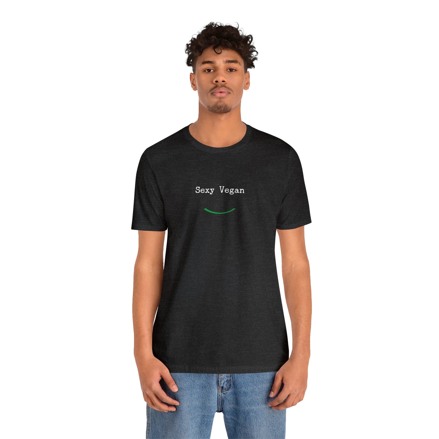 front "Sexy Vegan" black t-shirt with smile on white male