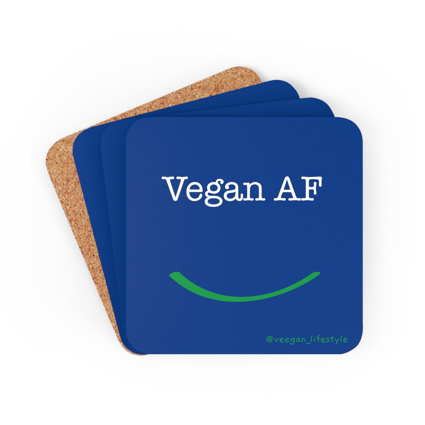 front view "Vegan AF" square blue coaster set with smile white background 