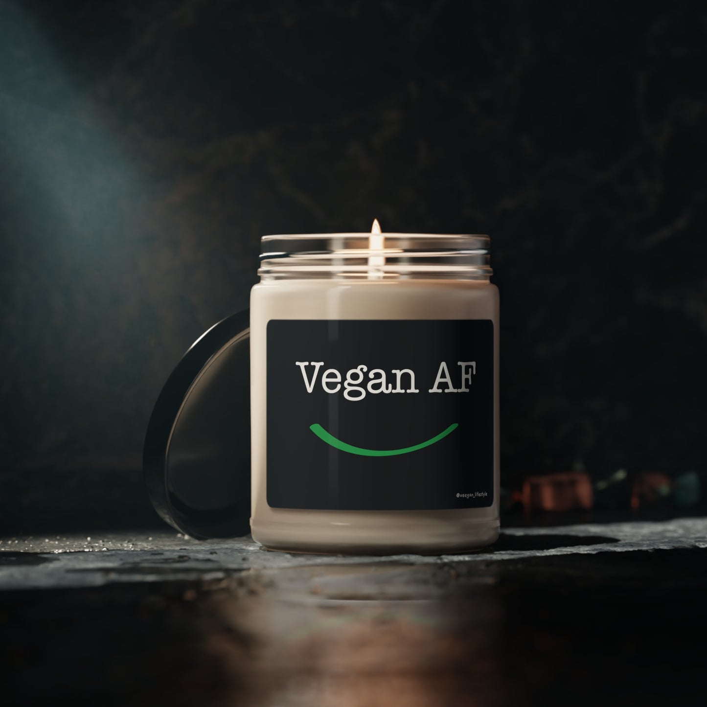 front view "Vegan AF" scented candle with smile moody dark set