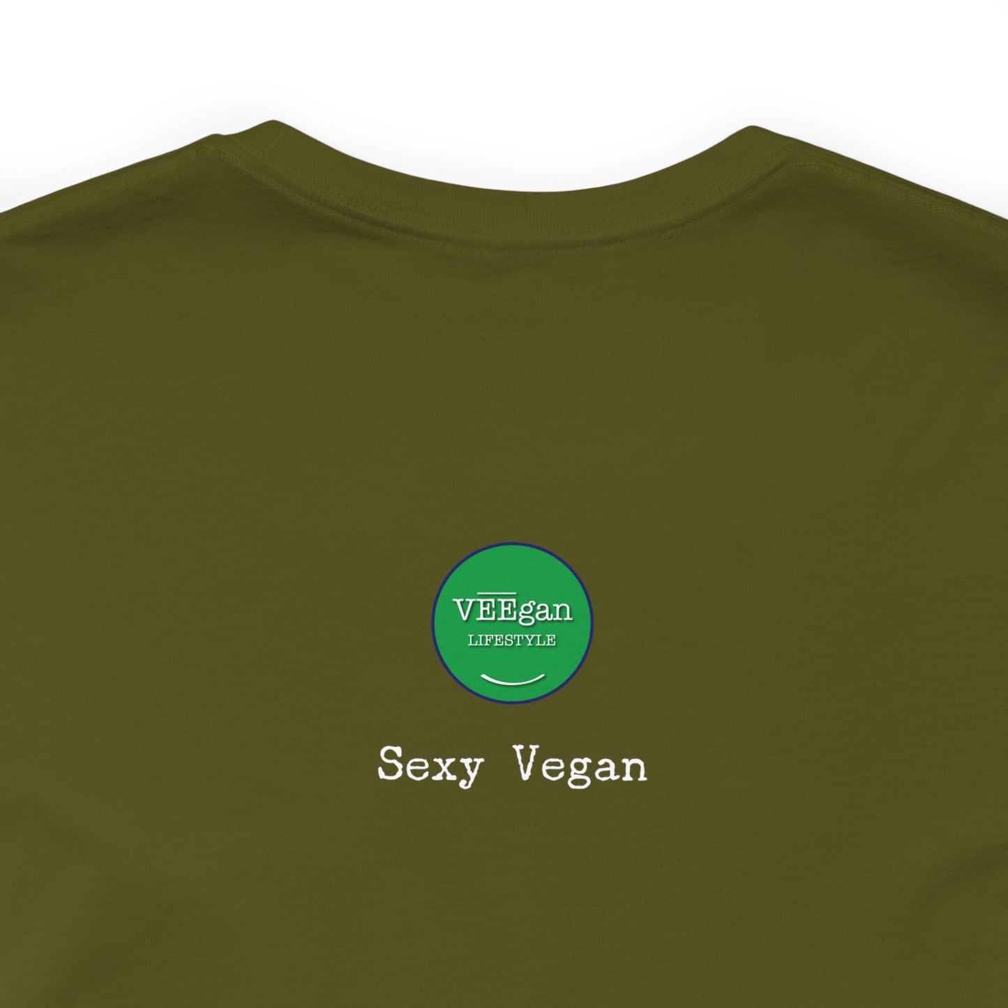 front "Sexy Vegan" green t-shirt with smile on white detail