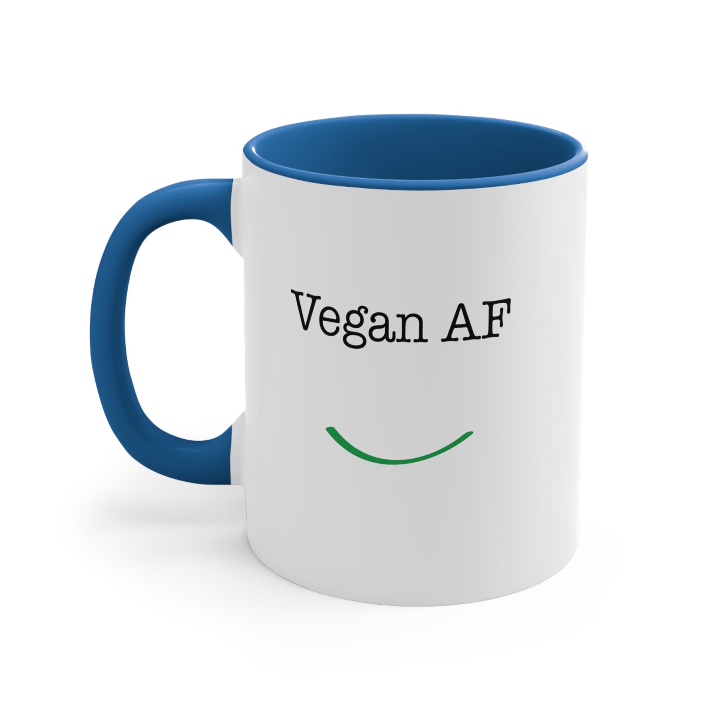 front "Vegan AF" blue accent mug with smile on white