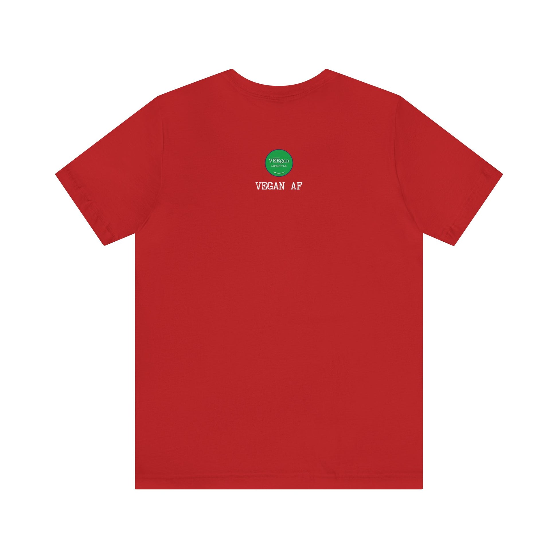 back view "Vegan AF" red t-shirt with smile white background