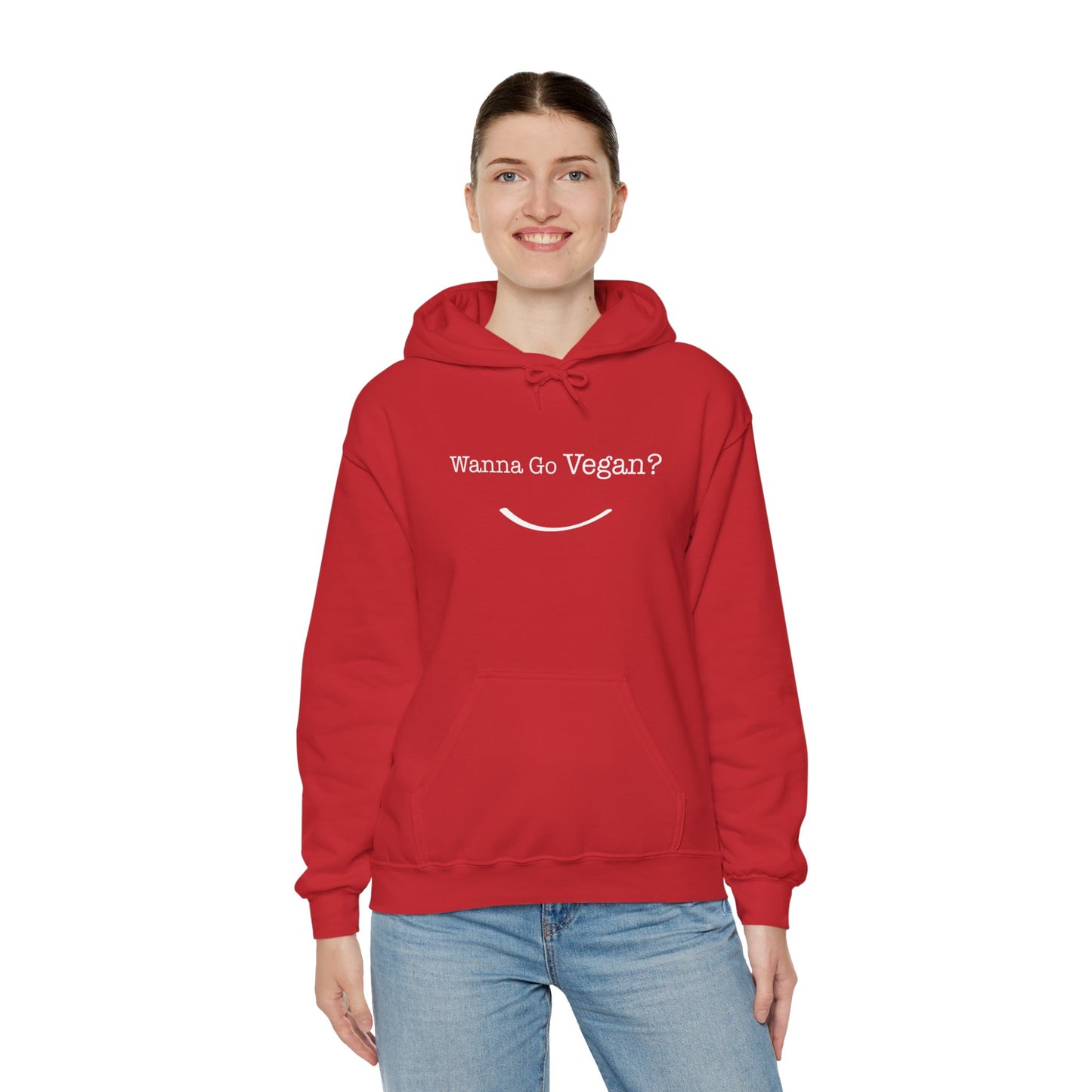 front view "Wanna Go Vegan?" red hoodie on white background female