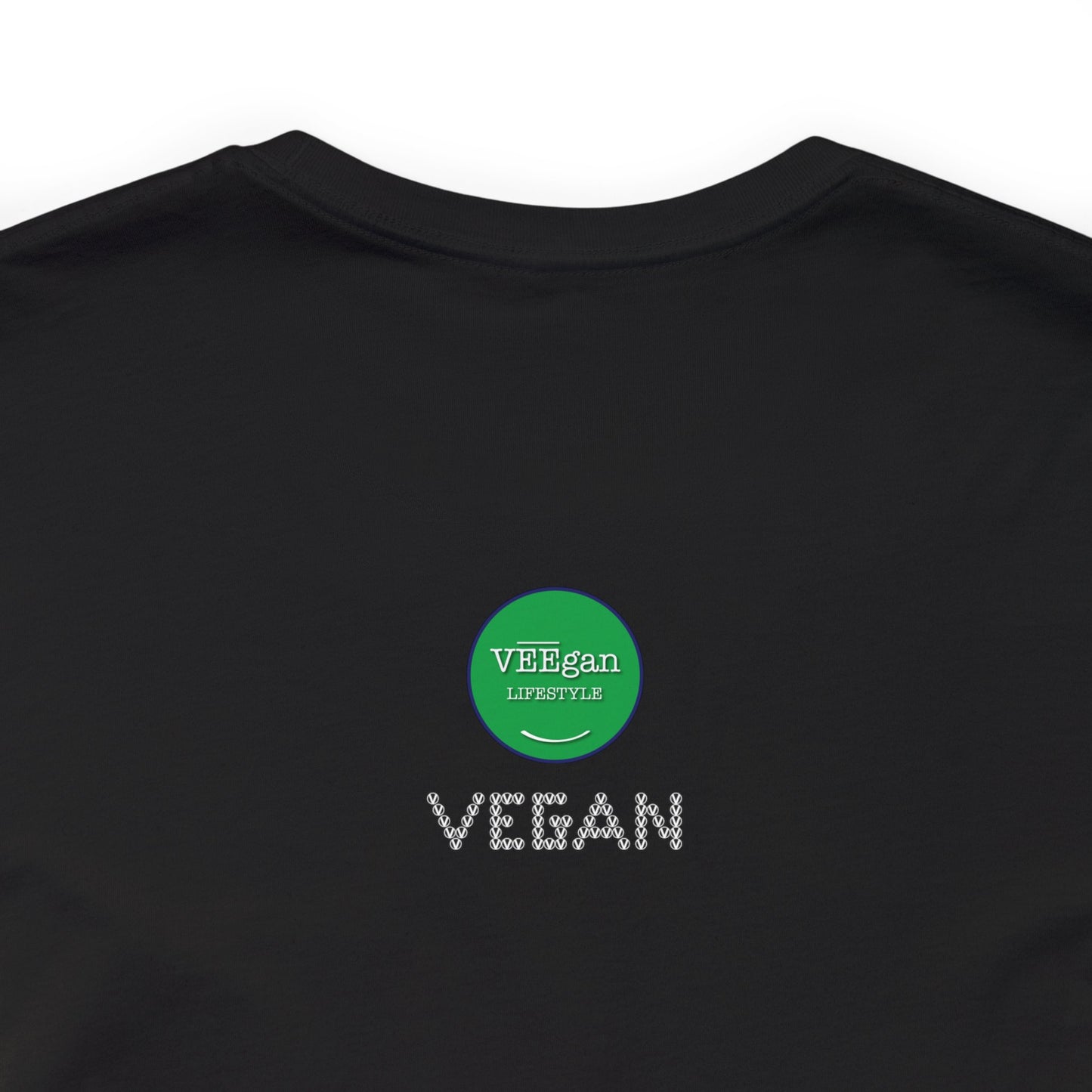 vegan v symbol smile, circled v  tee detail