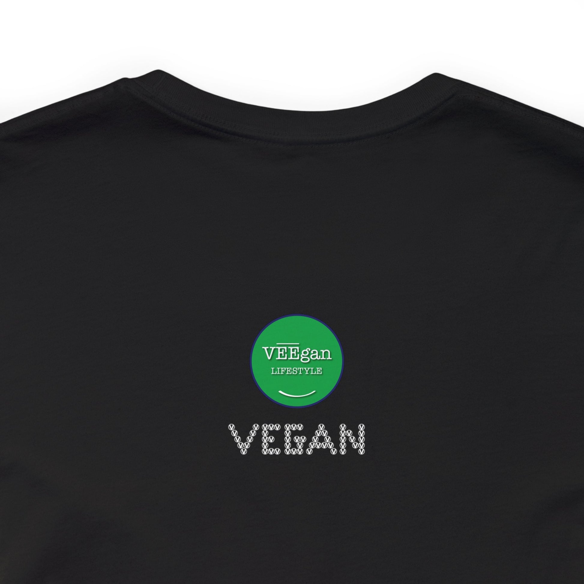 vegan v symbol smile, circled v  tee detail