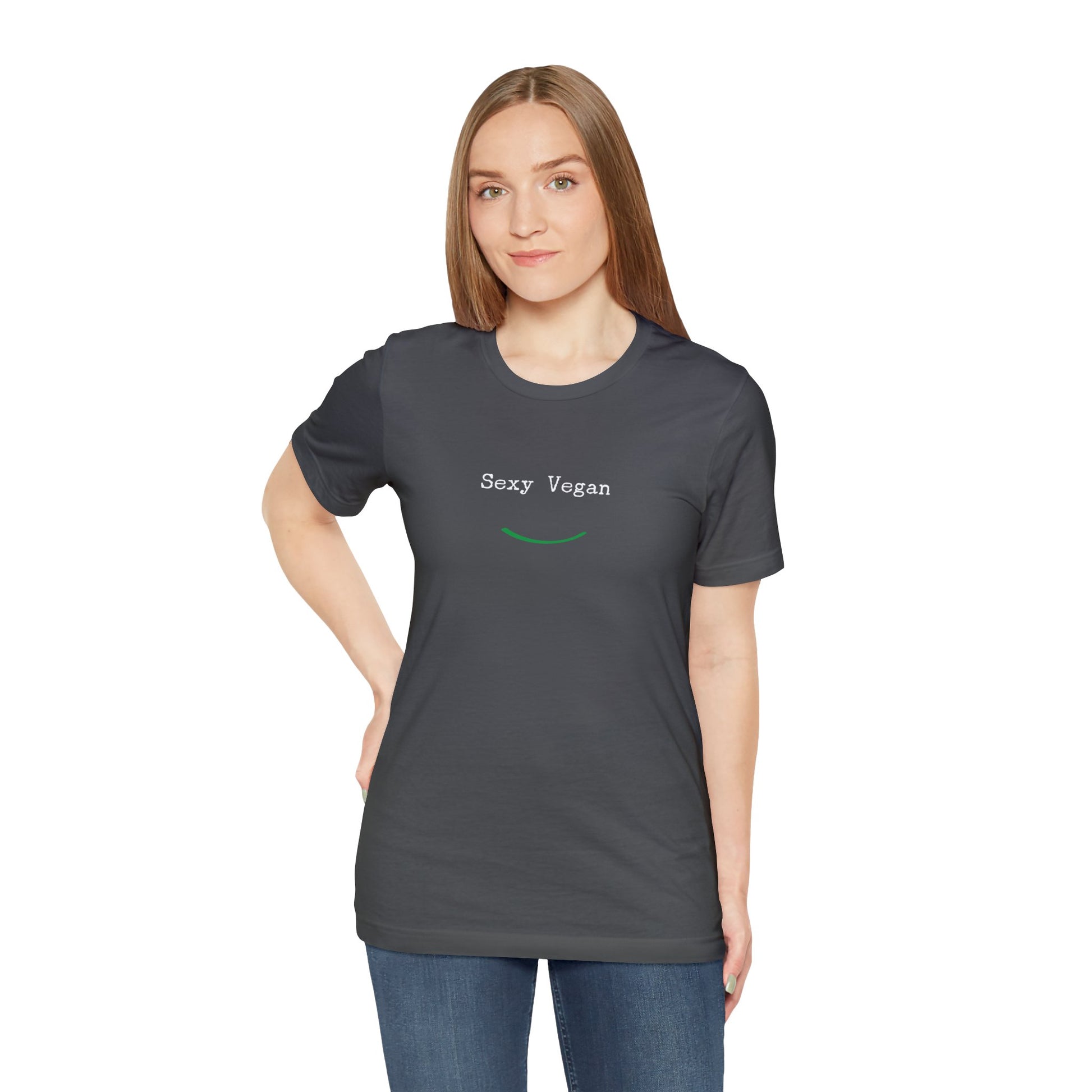 front "Sexy Vegan" grey t-shirt with smile on white  female