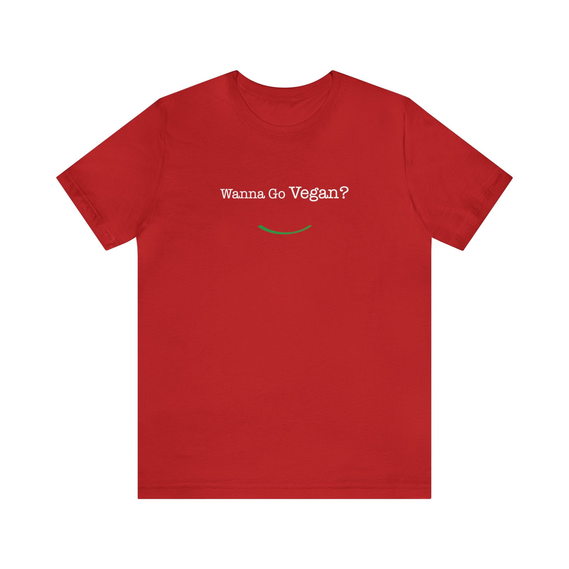 front view "Wanna Go Vegan?" red unisex t-shirt on white background