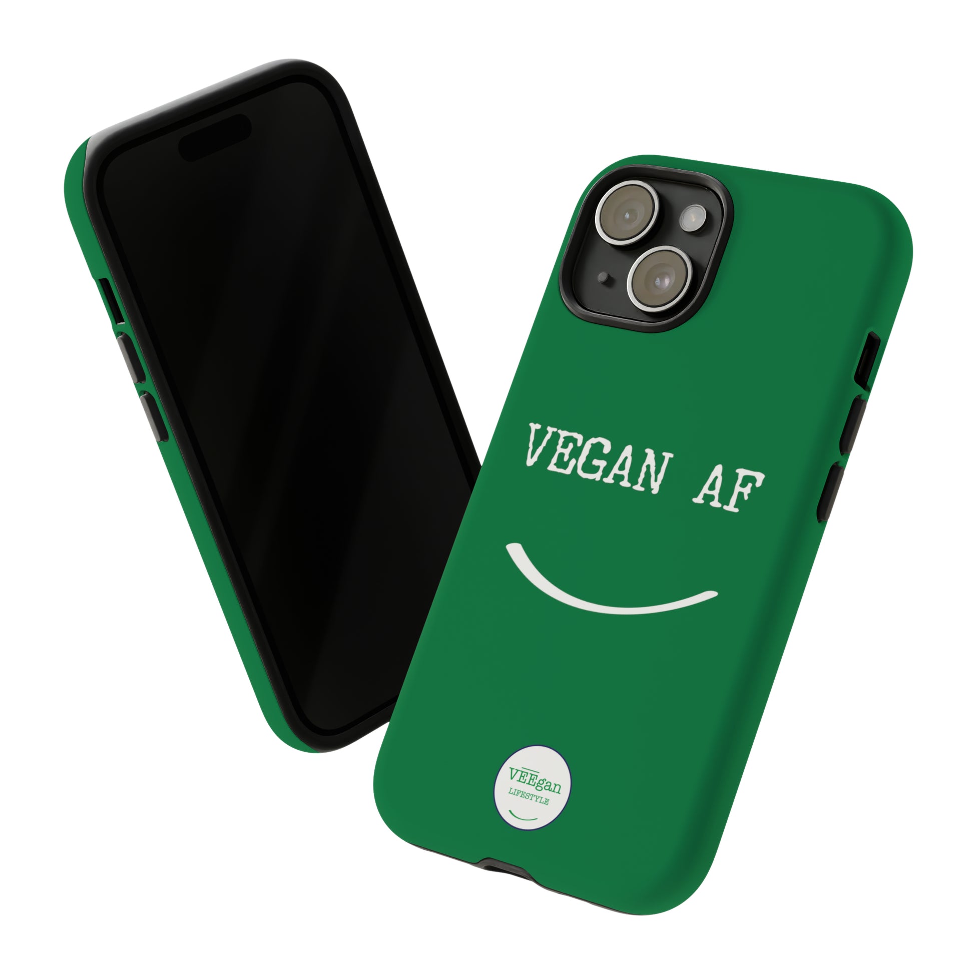 front view "Vegan AF" Tough green Phone Case with smile white background