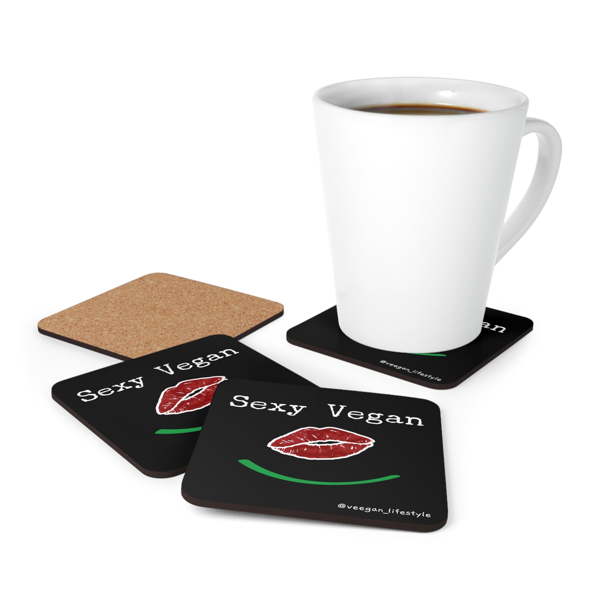 front "Sexy Vegan" coaster set on white coffee square cork coaster