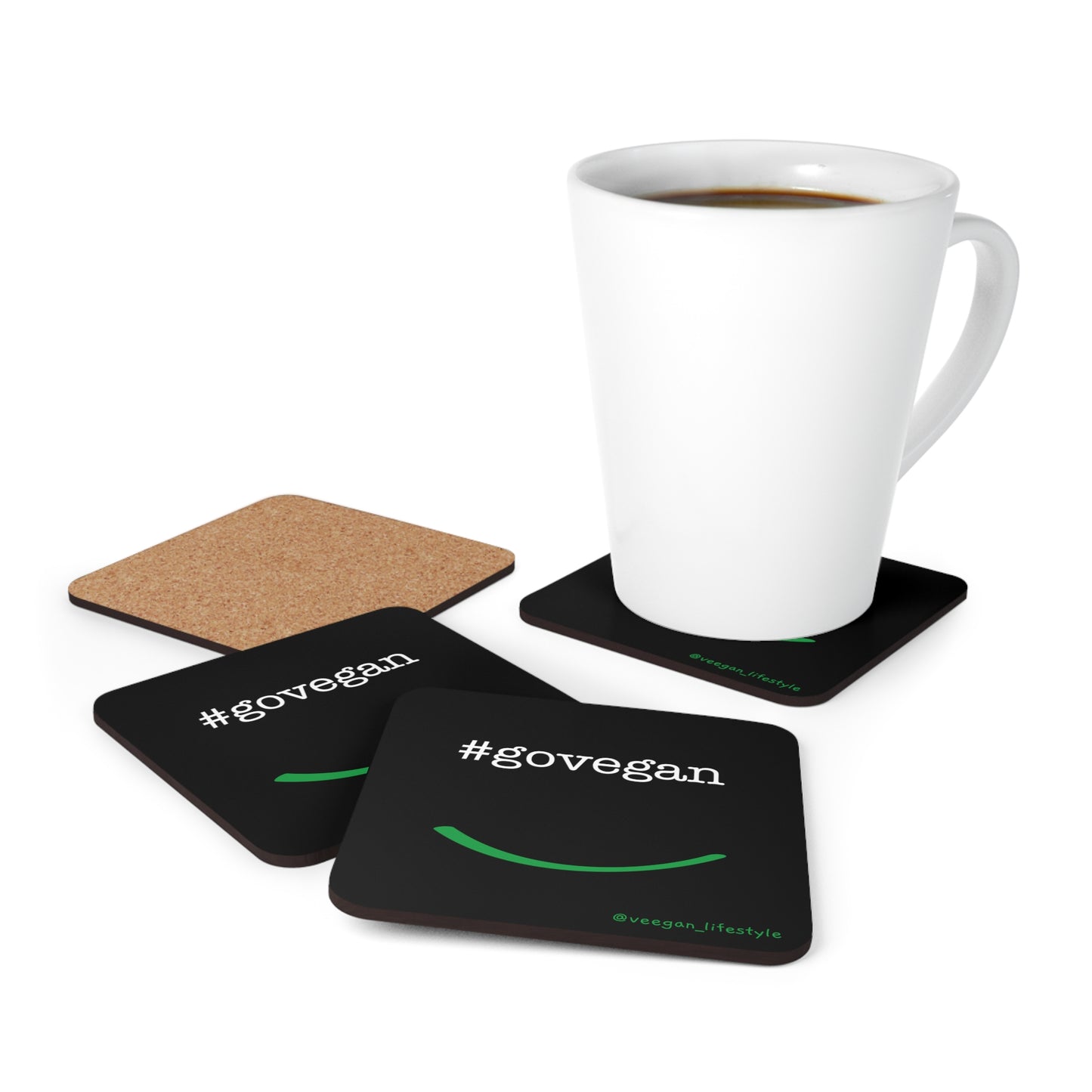 front view #govegan black square coaster set on white background