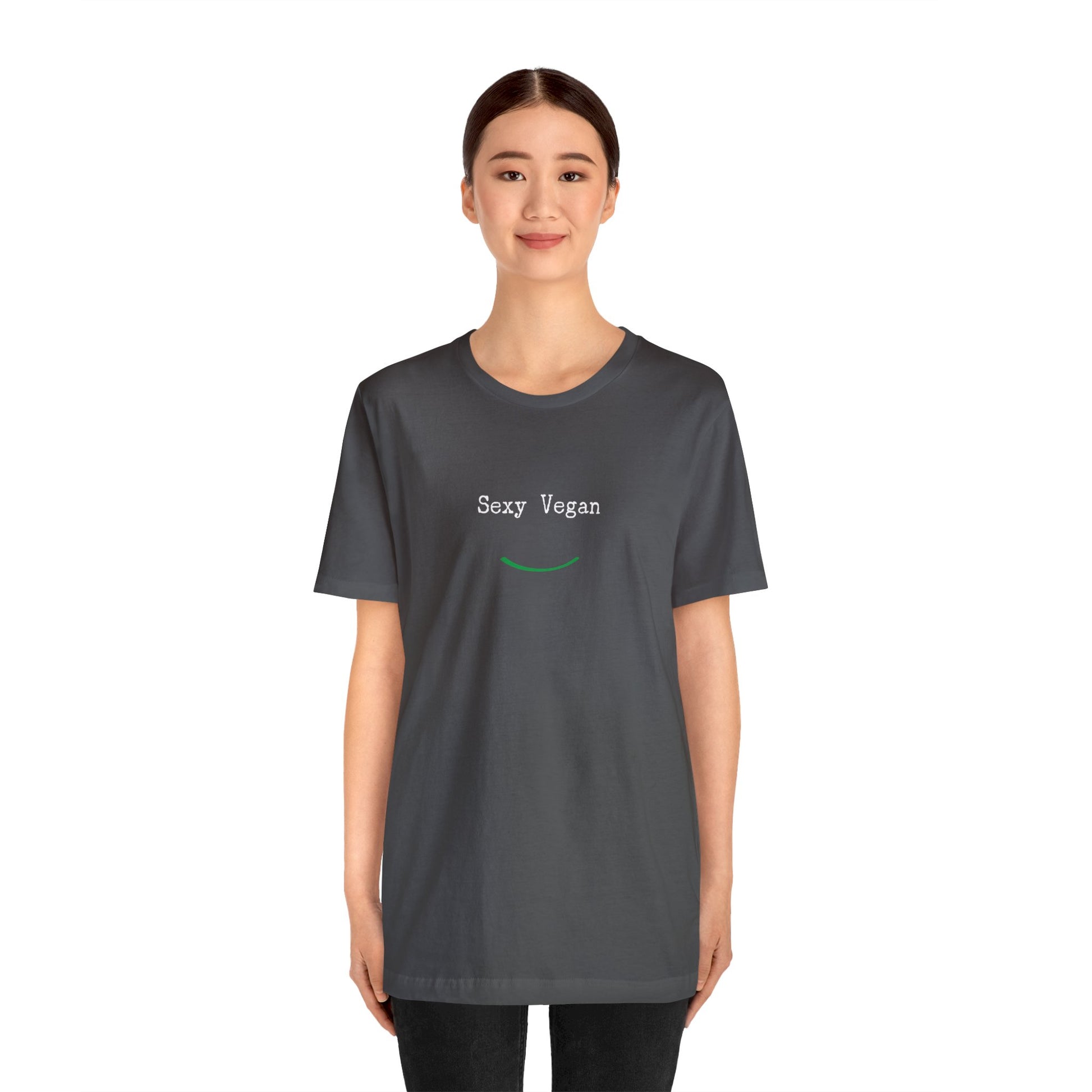 front "Sexy Vegan" grey t-shirt with smile on white  female