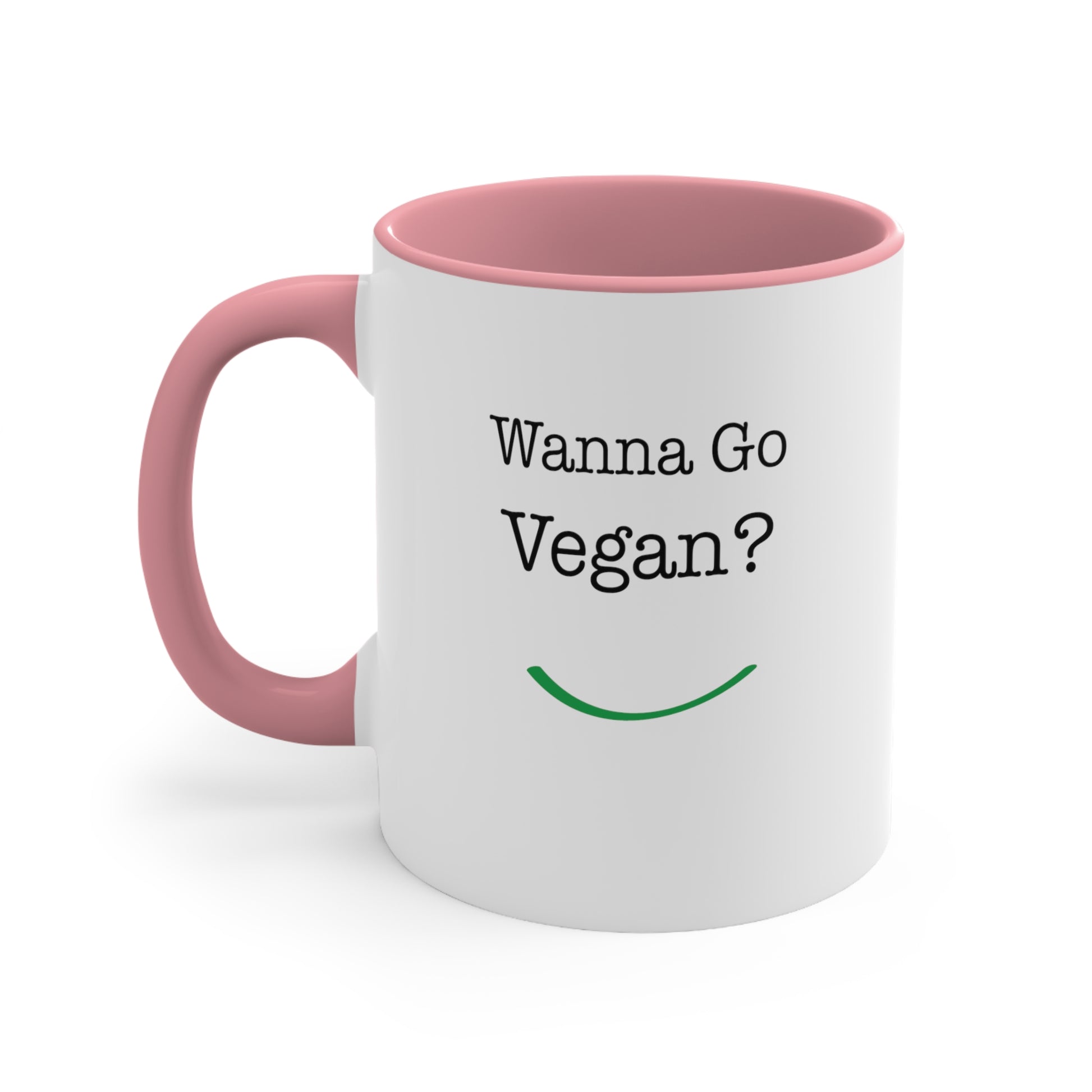 front view "Wanna Go Vegan?" pink accent mug on white background