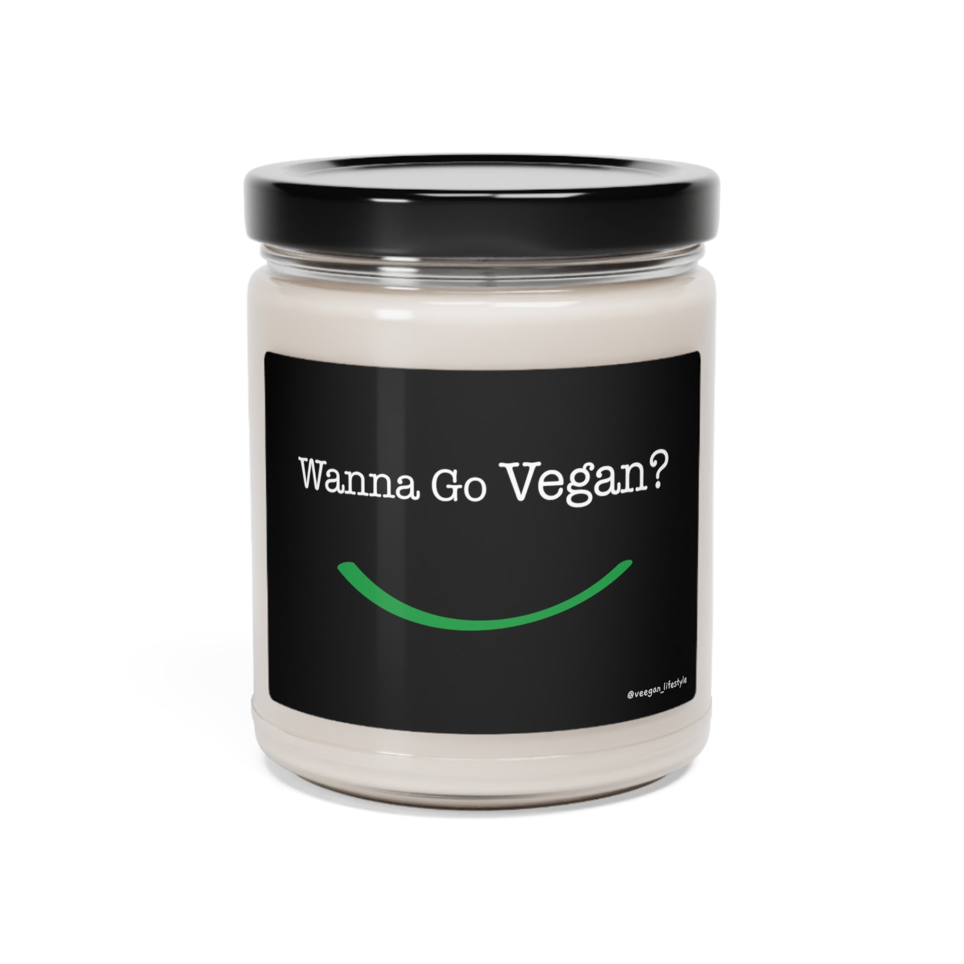 front view "Wanna Go Vegan?" scented candle on white background