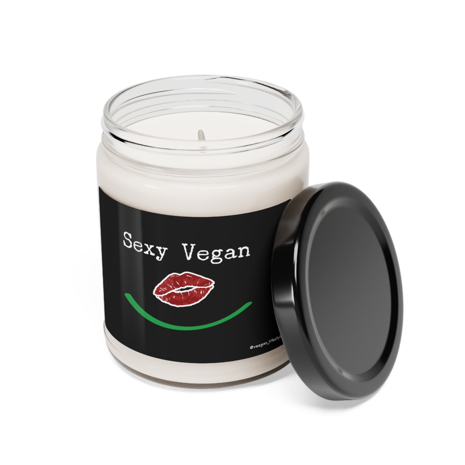 front "Sexy Vegan" scented candle with lips smile on white