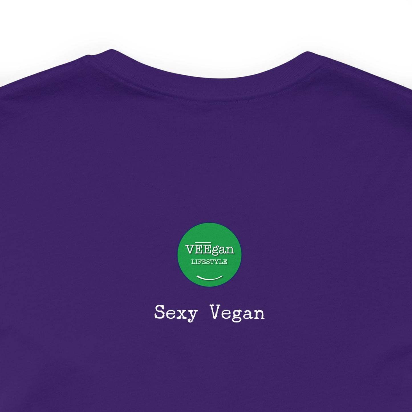 front "Sexy Vegan" purple t-shirt with smile on white  detaile