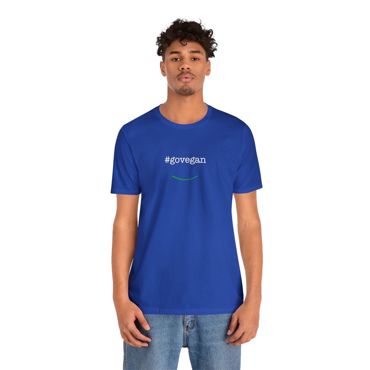 front view #govegan blue unisex t-shirt on white background male