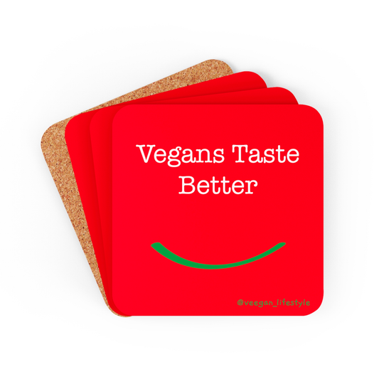 front view "Vegans Taste Better" square red coaster set on white background